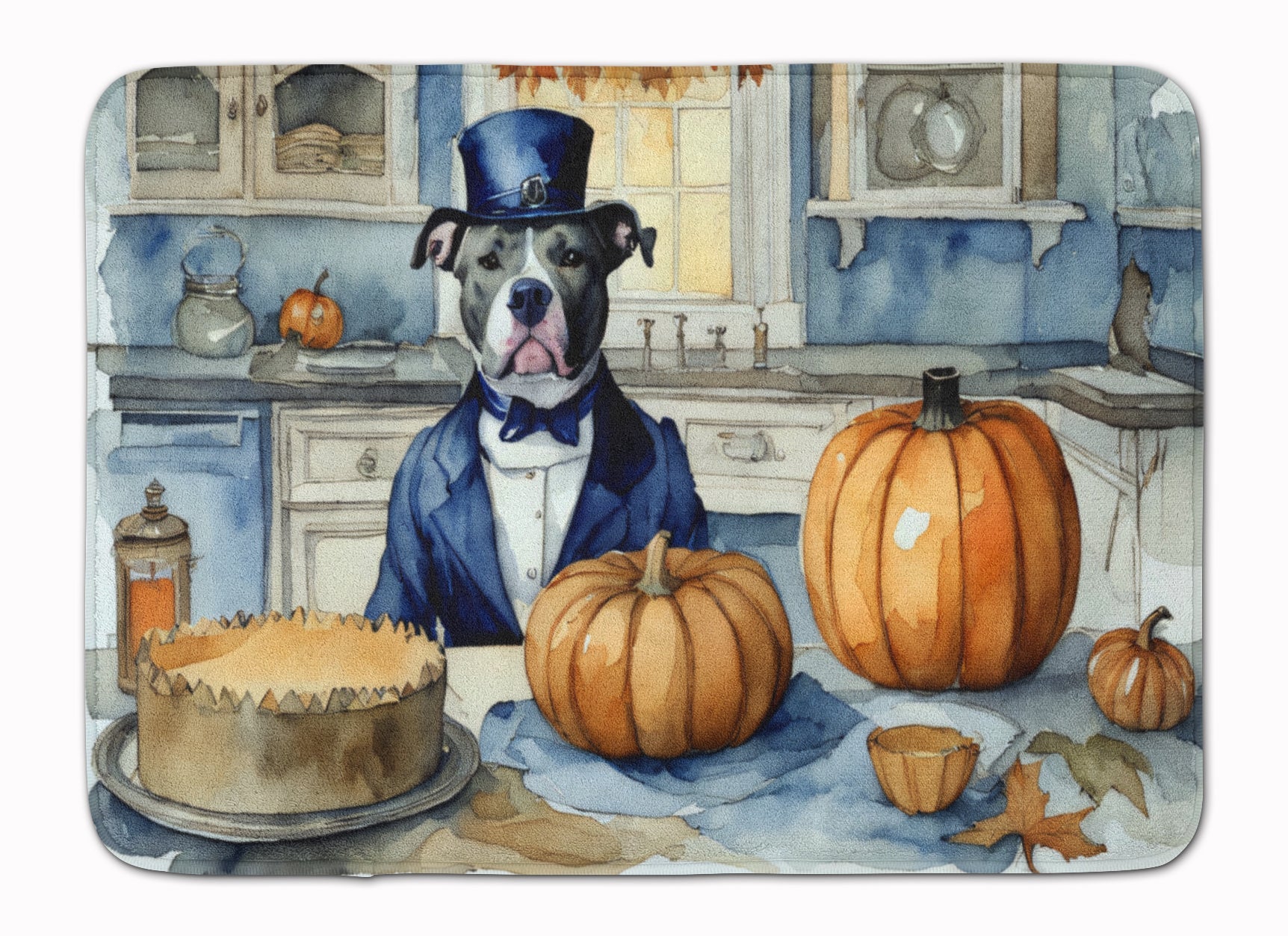 Pit Bull Terrier Fall Kitchen Pumpkins Memory Foam Kitchen Mat Machine Washable Anti-Fatigue Cushion Comfort Bath or Kitchen Rug