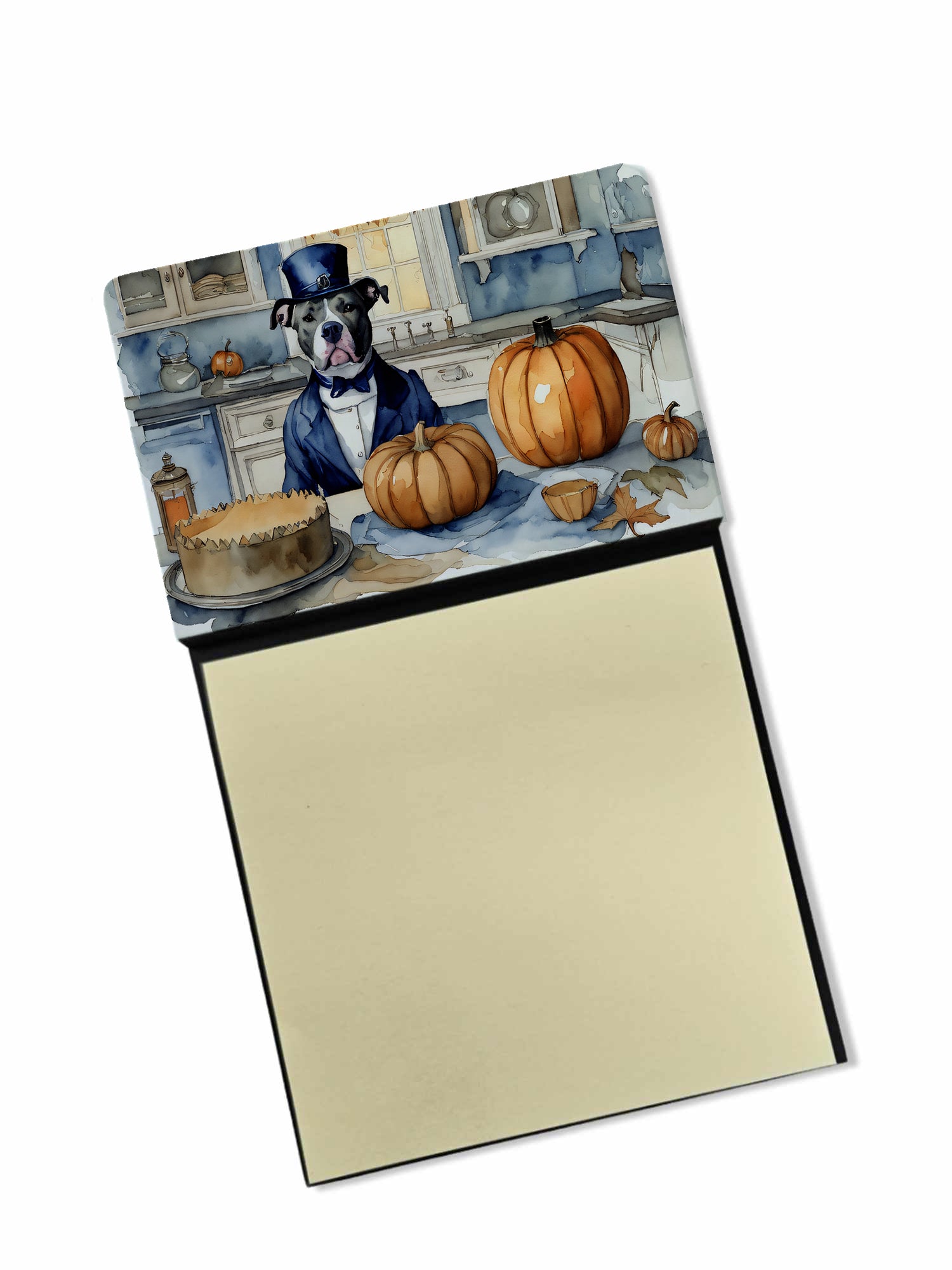 Pit Bull Terrier Fall Kitchen Pumpkins Watercolor Sticky Note Holder Refillable Dispenser Desk Accessory 3x3 Pad Gift