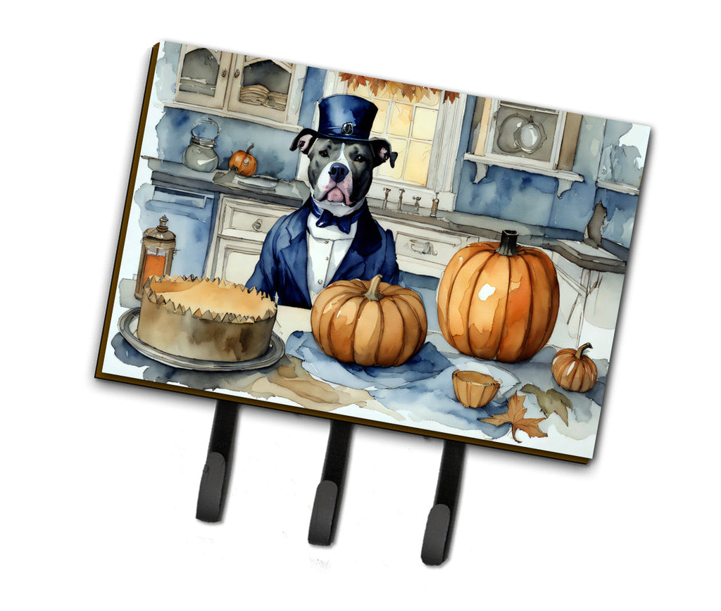 Pit Bull Terrier Fall Kitchen Pumpkins Leash or Key Holder Wall Hooks, Coat Rack Wall Mount, for Hanging Keys, Towels, Aprons, Leashes