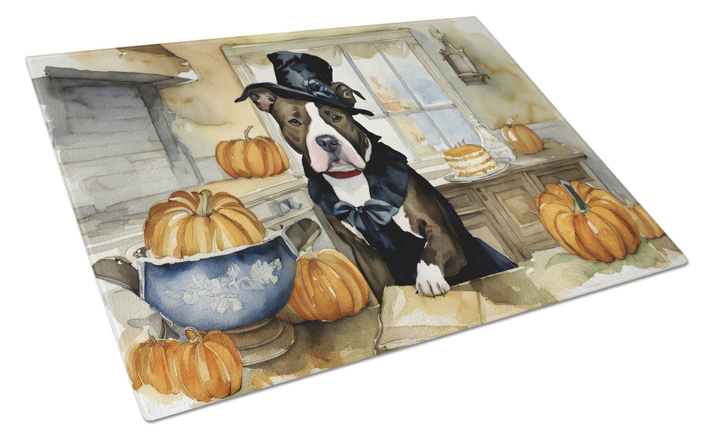 Pit Bull Terrier Fall Kitchen Pumpkins Cutting Board Tempered Glass Kitchen Cutting Surface, Heat Resistant Chopping, Non-Slip Feet, Food Prep & Serving