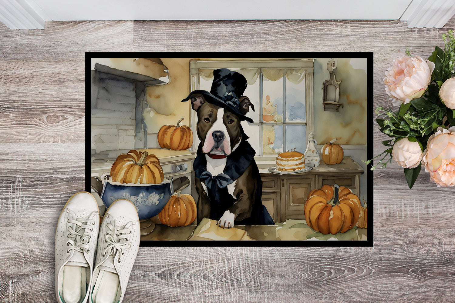 Pit Bull Terrier Fall Kitchen Pumpkins Doormat Indoor Outdoor 18H X 27W Front Door Mat Rugs for Entryway, Non Slip Washable