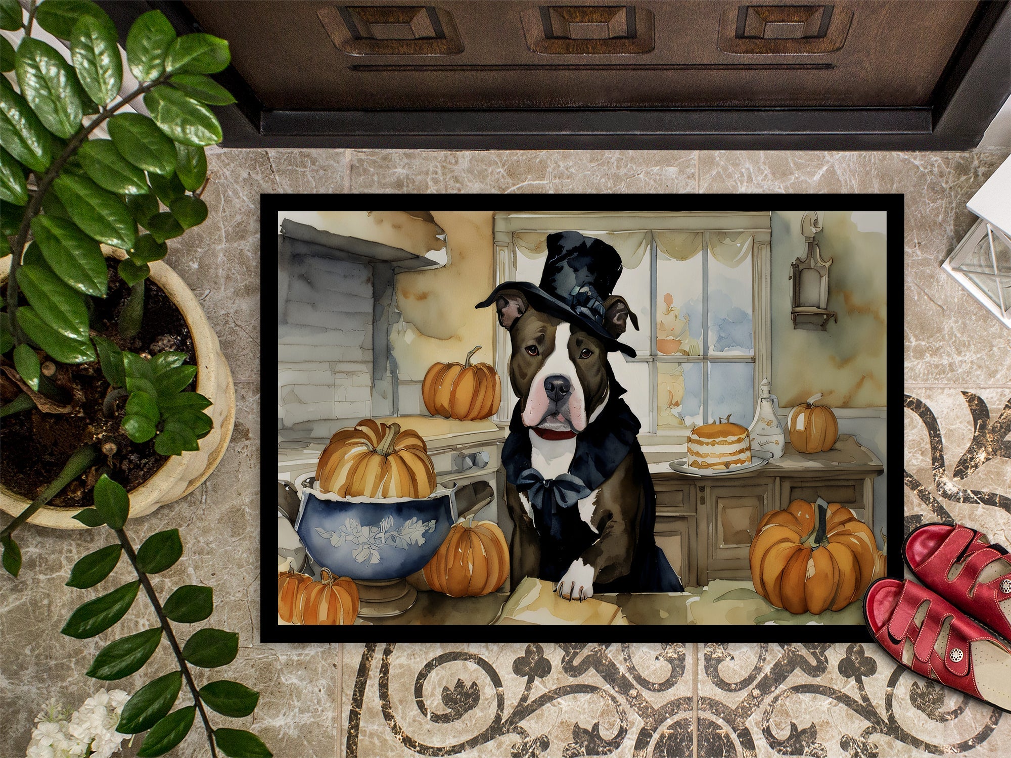 Pit Bull Terrier Fall Kitchen Pumpkins Doormat Indoor Outdoor 18H X 27W Front Door Mat Rugs for Entryway, Non Slip Washable