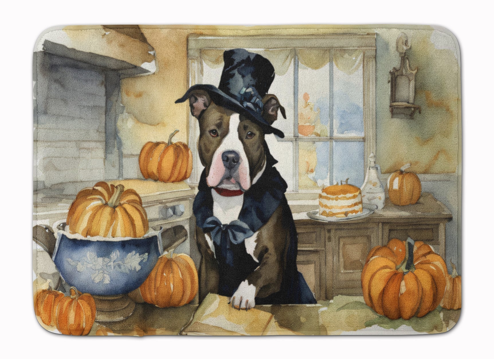 Pit Bull Terrier Fall Kitchen Pumpkins Memory Foam Kitchen Mat Machine Washable Anti-Fatigue Cushion Comfort Bath or Kitchen Rug