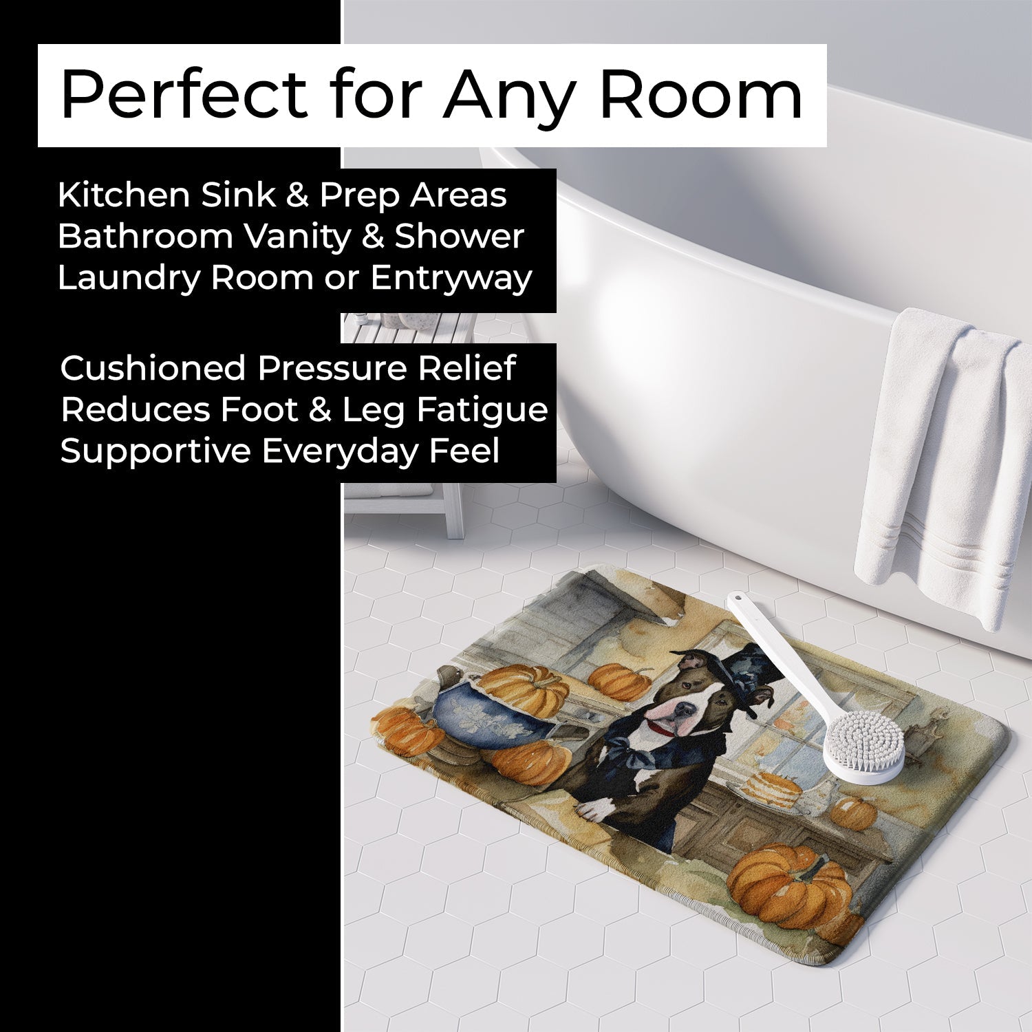 Pit Bull Terrier Fall Kitchen Pumpkins Memory Foam Kitchen Mat Machine Washable Anti-Fatigue Cushion Comfort Bath or Kitchen Rug