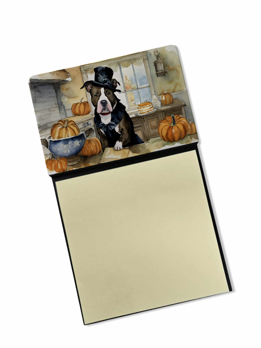 Pit Bull Terrier Fall Kitchen Pumpkins Watercolor Sticky Note Holder Refillable Dispenser Desk Accessory 3x3 Pad Gift
