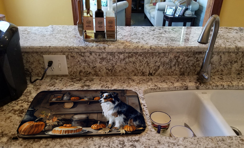 Australian Shepherd Fall Kitchen Pumpkins Dish Drying Mat Absorbent Dish Drying Mat Pad for Kitchen Counter Dish Drainer Mat for Countertop, 14 x 21", Multicolor