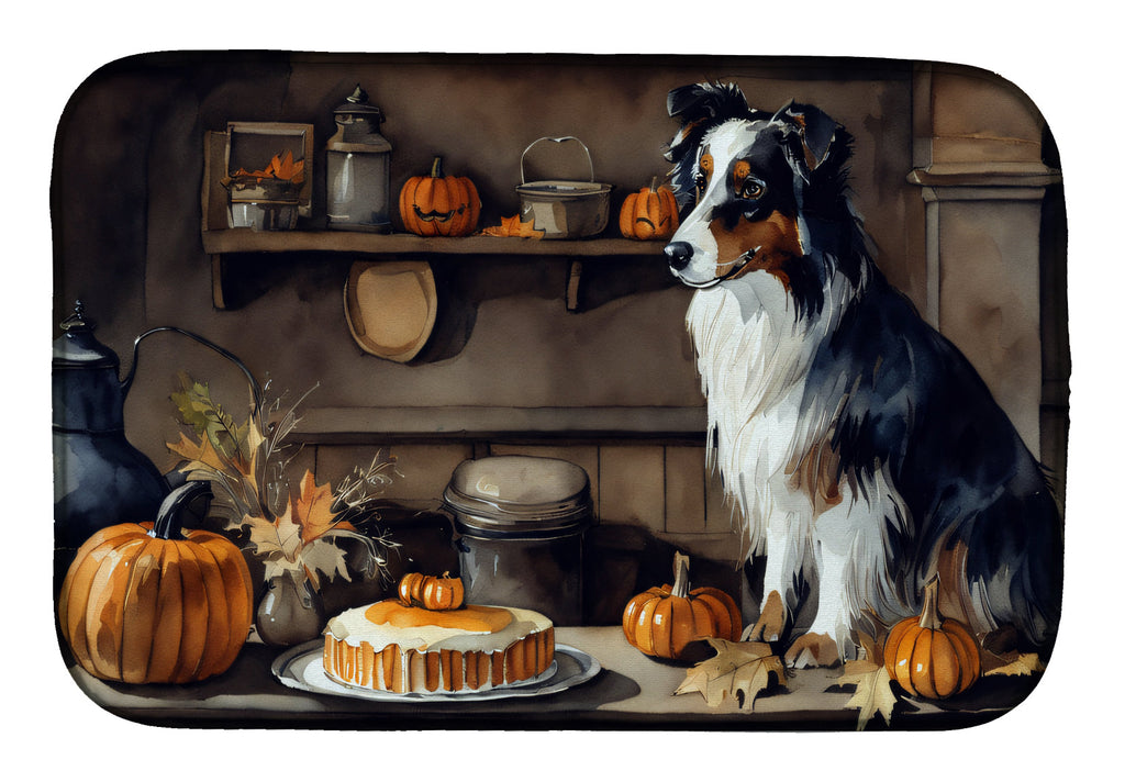 Australian Shepherd Fall Kitchen Pumpkins Dish Drying Mat Absorbent Dish Drying Mat Pad for Kitchen Counter Dish Drainer Mat for Countertop, 14 x 21", Multicolor