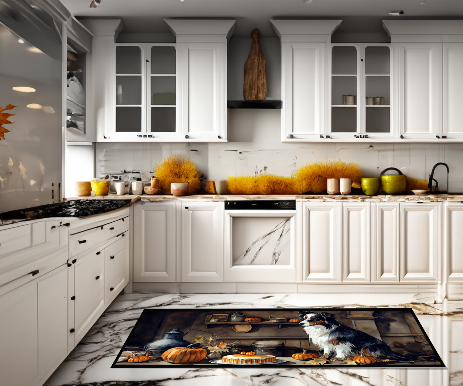 Australian Shepherd Fall Kitchen Pumpkins Runner Mat 28x58 Front Door Mat Indoor Outdoor Rugs for Entryway Hallway Foyer Non Slip Washable Wide Doormat