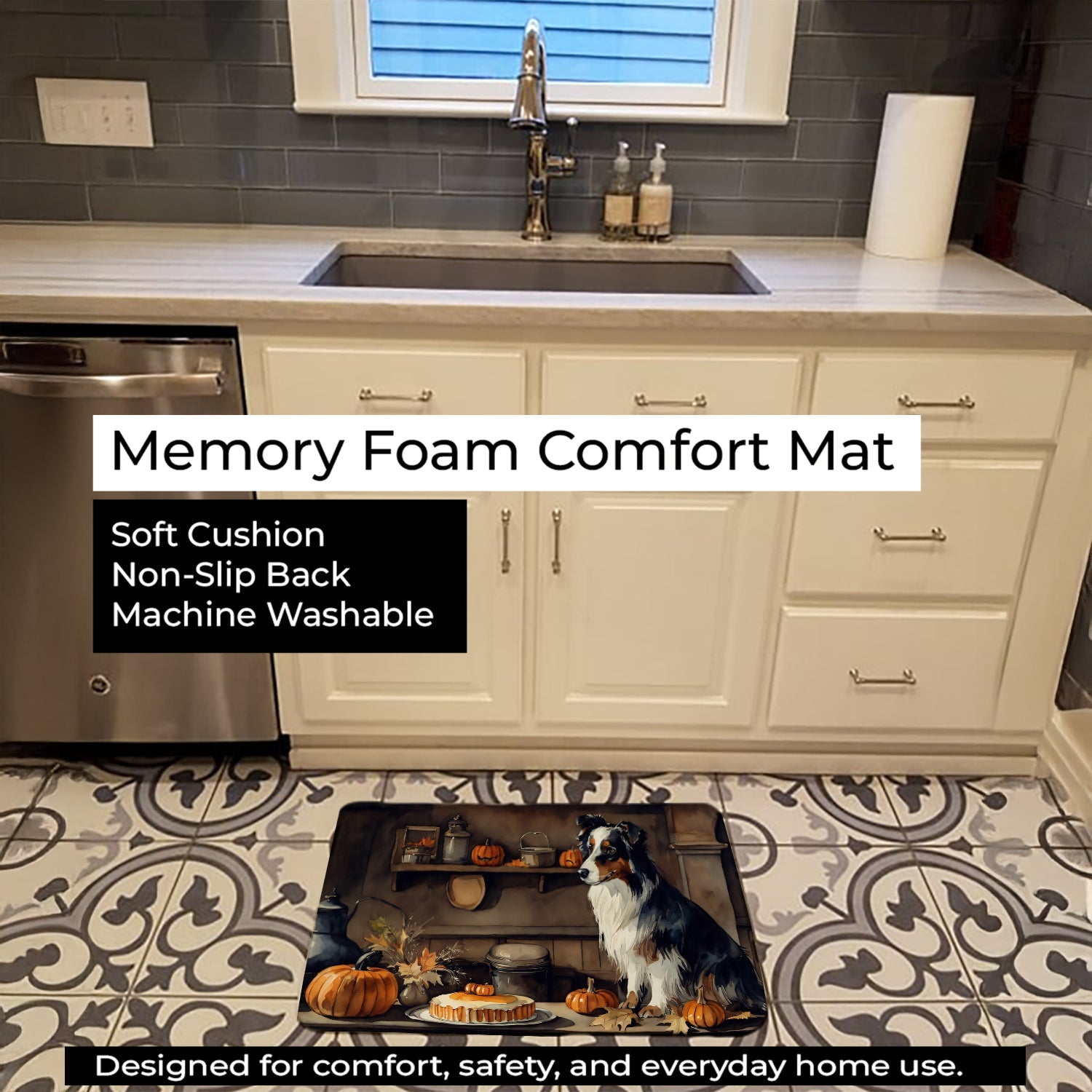 Australian Shepherd Fall Kitchen Pumpkins Memory Foam Kitchen Mat Machine Washable Anti-Fatigue Cushion Comfort Bath or Kitchen Rug