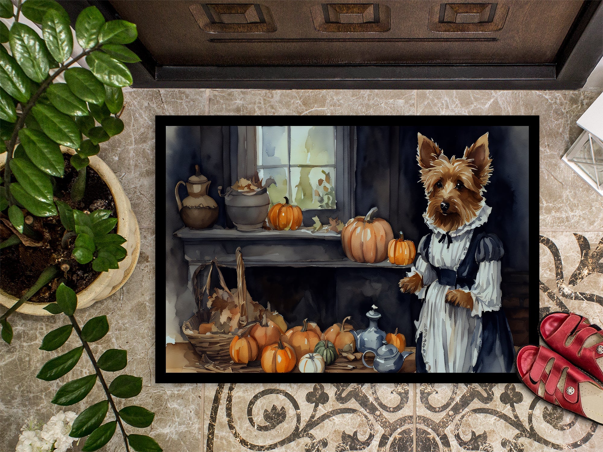 Australian Terrier Fall Kitchen Pumpkins Doormat Indoor Outdoor 18H X 27W Front Door Mat Rugs for Entryway, Non Slip Washable