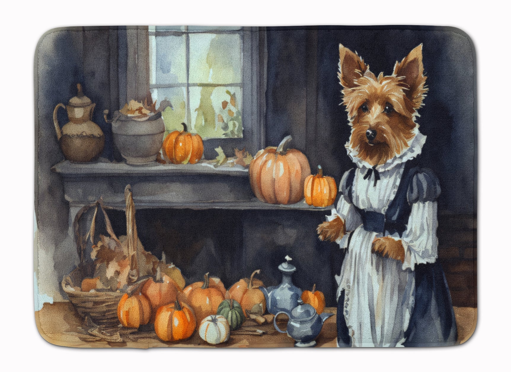 Australian Terrier Fall Kitchen Pumpkins Memory Foam Kitchen Mat Machine Washable Anti-Fatigue Cushion Comfort Bath or Kitchen Rug