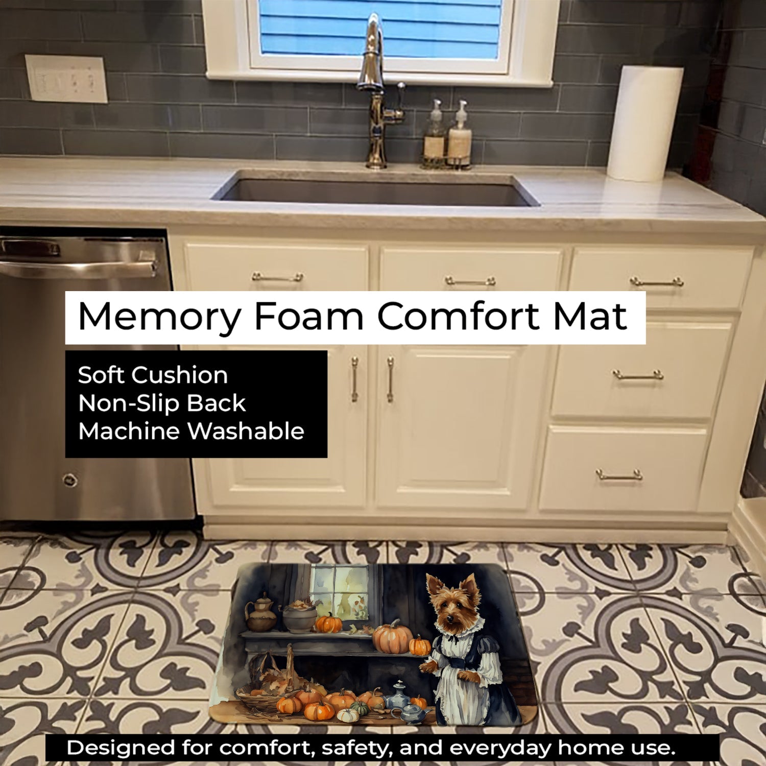 Australian Terrier Fall Kitchen Pumpkins Memory Foam Kitchen Mat Machine Washable Anti-Fatigue Cushion Comfort Bath or Kitchen Rug