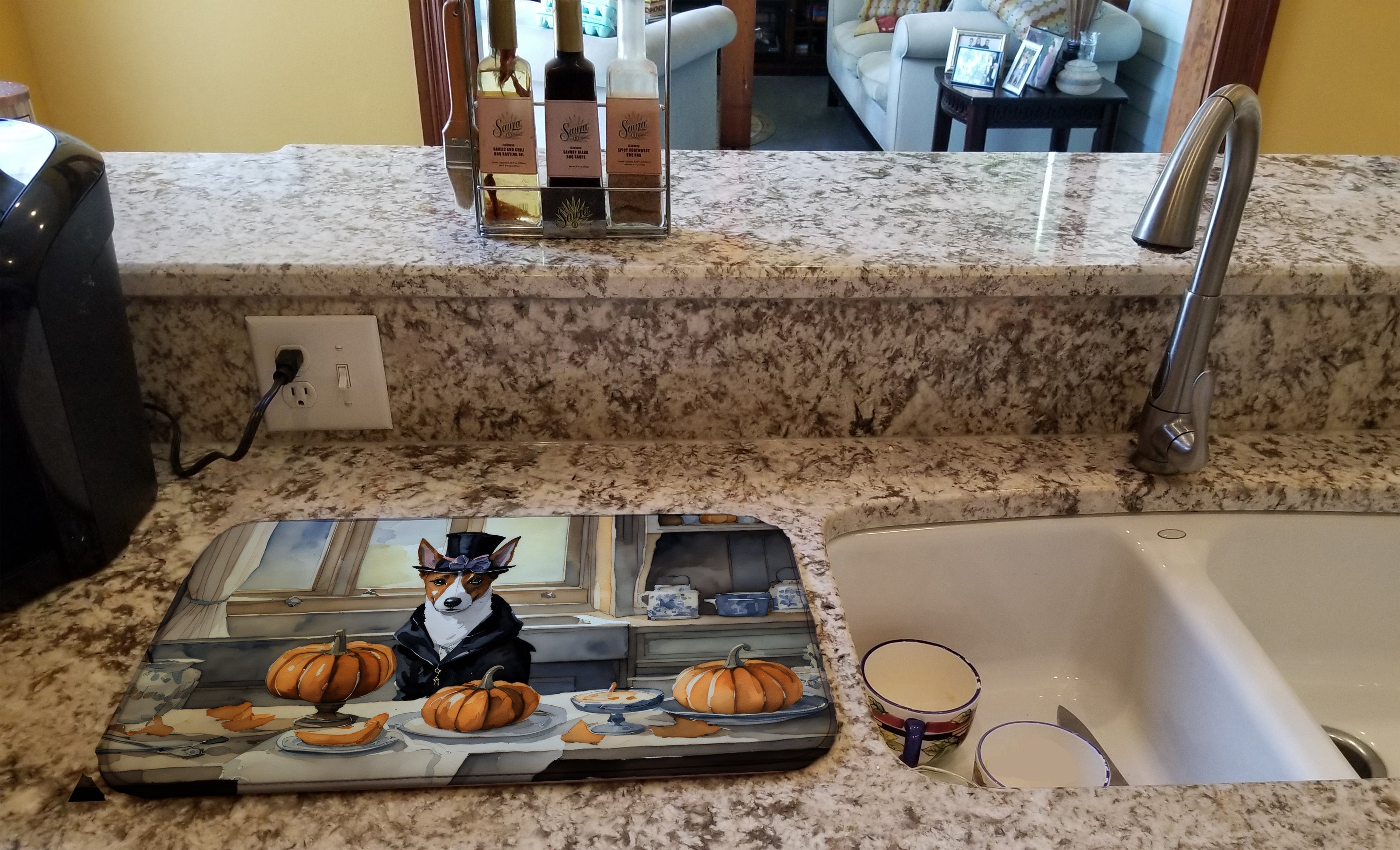 Basenji Fall Kitchen Pumpkins Dish Drying Mat Absorbent Dish Drying Mat Pad for Kitchen Counter Dish Drainer Mat for Countertop, 14 x 21", Multicolor