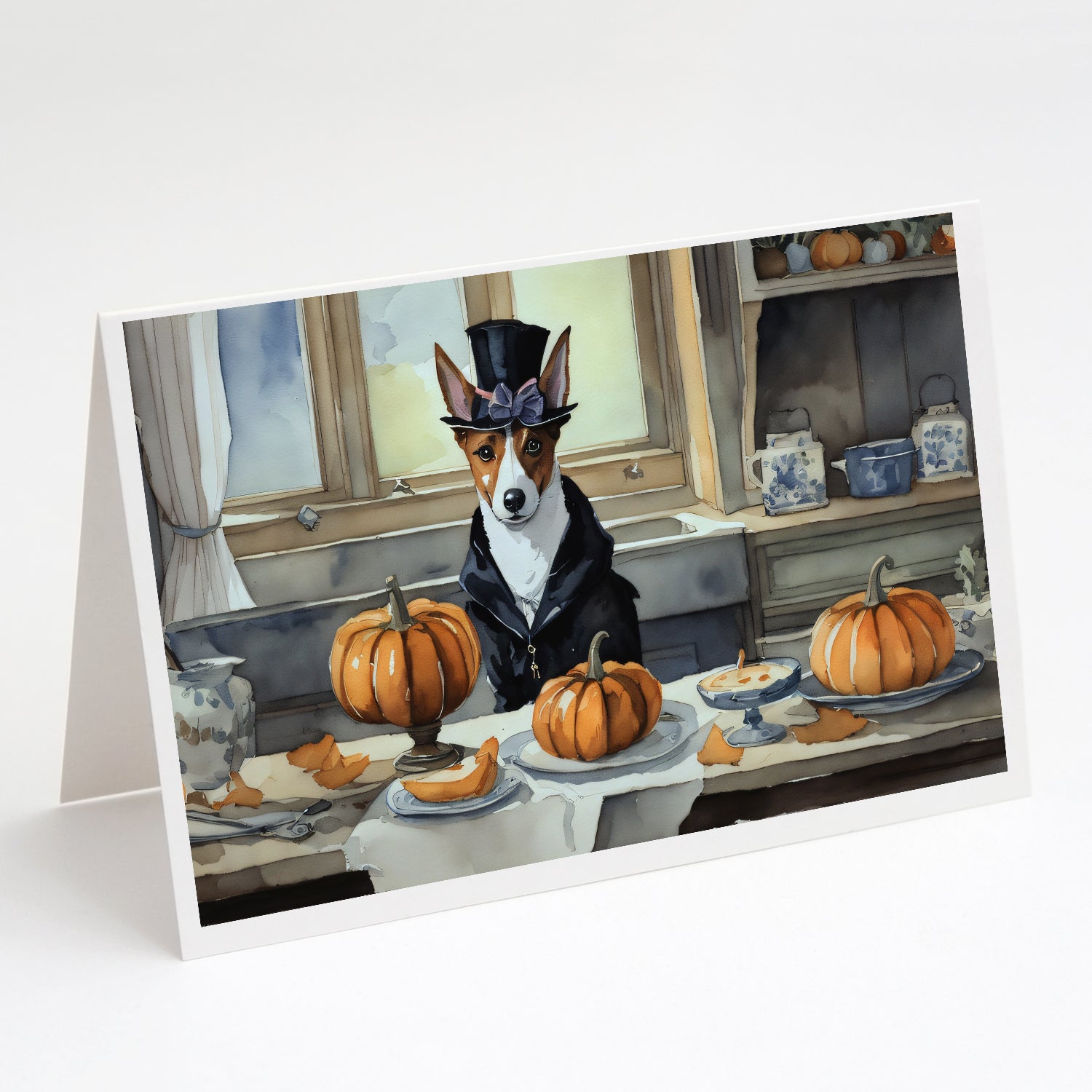 Basenji Fall Kitchen Pumpkins Greeting Cards Pack of 8 Blank Cards with Envelopes Whimsical A7 Size 5x7