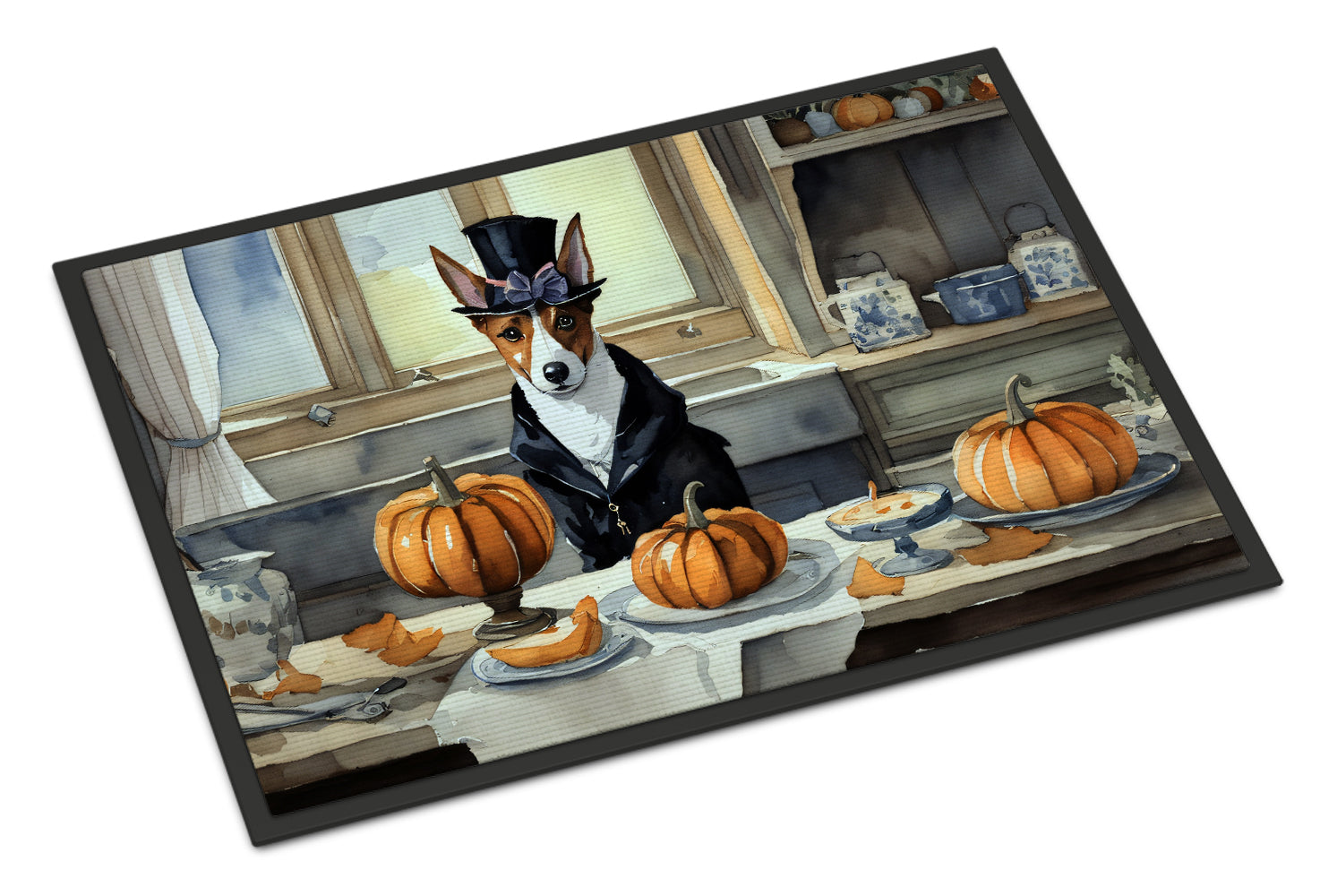 Basenji Fall Kitchen Pumpkins Doormat Indoor Outdoor 24H X 36W Front Door Mat Rugs for Entryway, Non Slip Washable Low Pile,