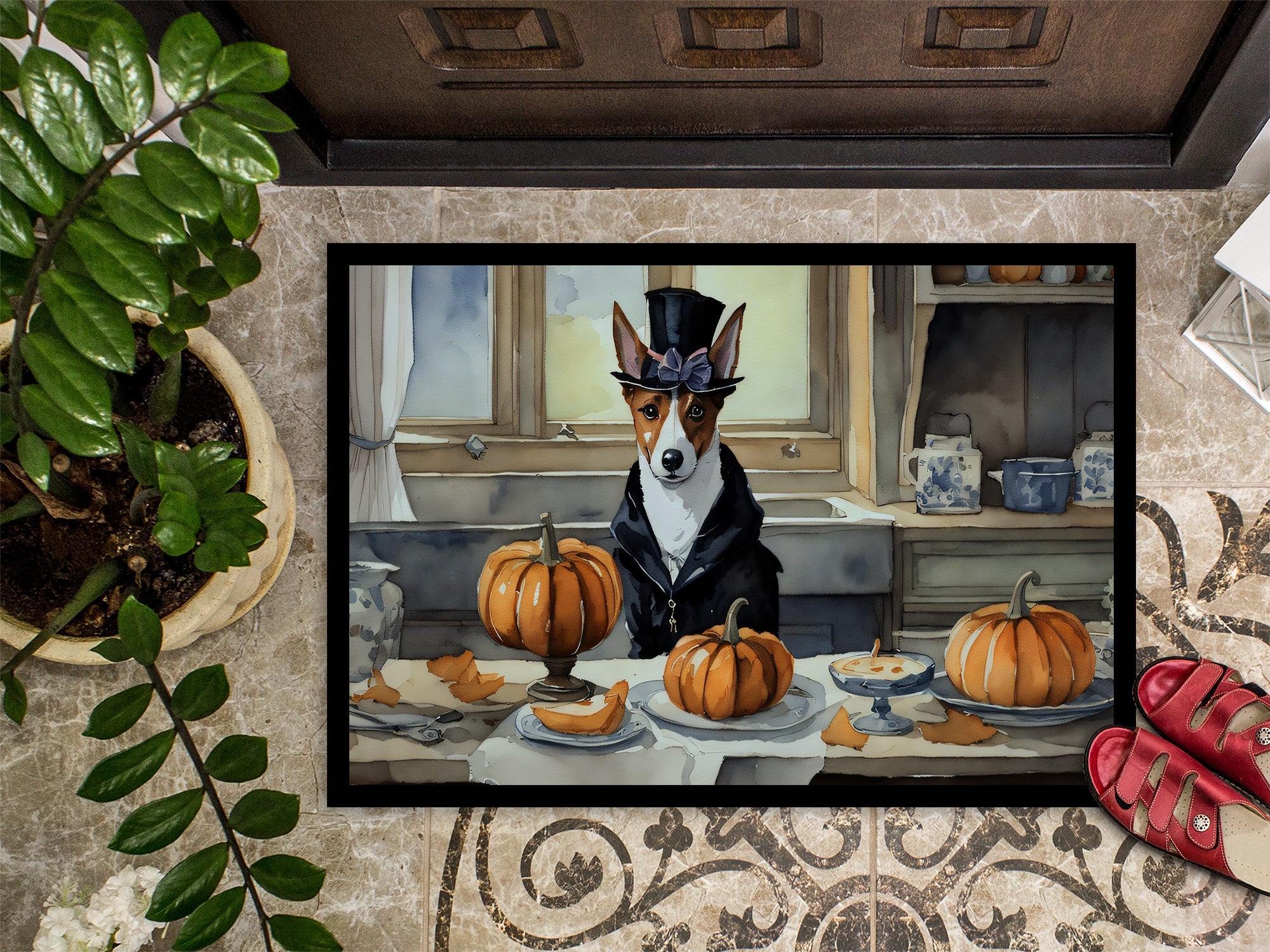 Basenji Fall Kitchen Pumpkins Doormat Indoor Outdoor 24H X 36W Front Door Mat Rugs for Entryway, Non Slip Washable Low Pile,