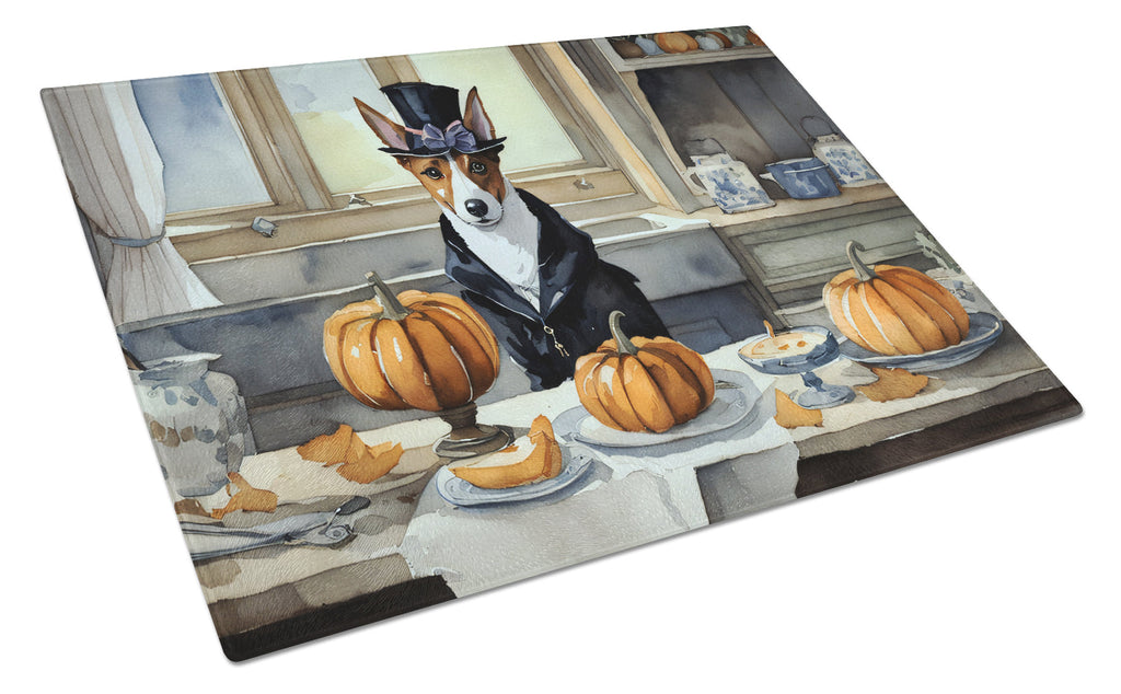 Basenji Fall Kitchen Pumpkins Cutting Board Tempered Glass Kitchen Cutting Surface, Heat Resistant Chopping, Non-Slip Feet, Food Prep & Serving