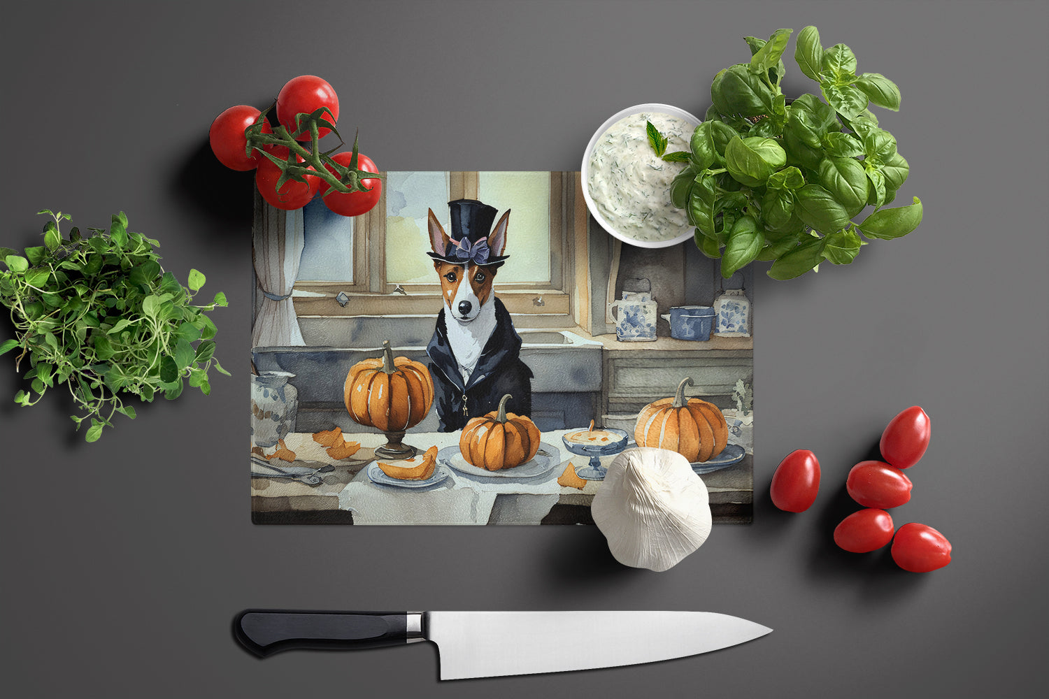 Basenji Fall Kitchen Pumpkins Cutting Board Tempered Glass Kitchen Cutting Surface, Heat Resistant Chopping, Non-Slip Feet, Food Prep & Serving