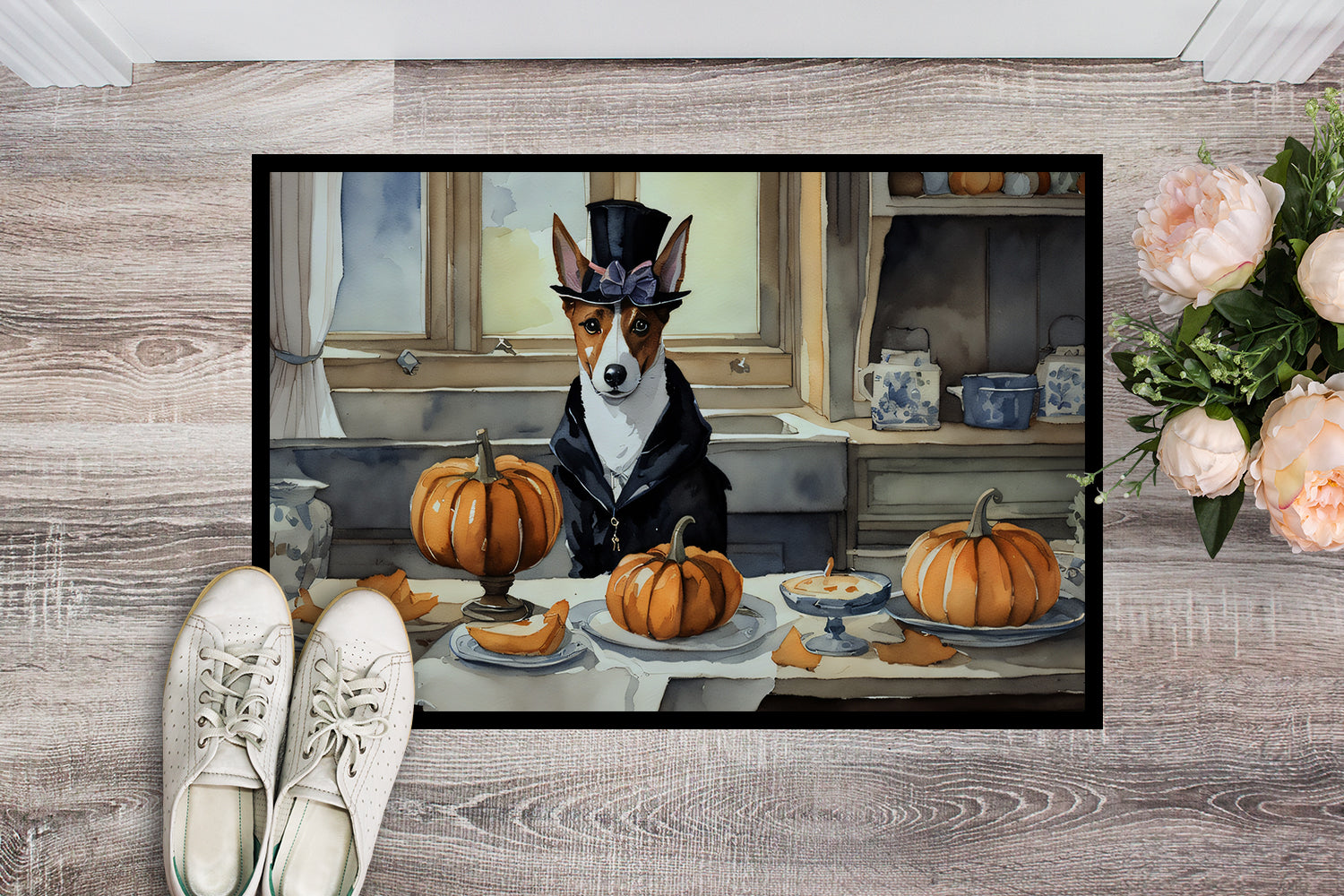 Basenji Fall Kitchen Pumpkins Doormat Indoor Outdoor 18H X 27W Front Door Mat Rugs for Entryway, Non Slip Washable
