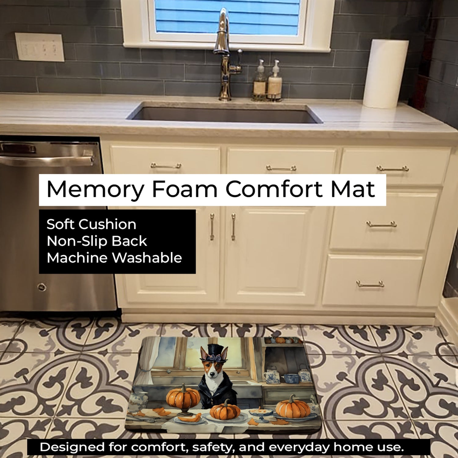 Basenji Fall Kitchen Pumpkins Memory Foam Kitchen Mat Machine Washable Anti-Fatigue Cushion Comfort Bath or Kitchen Rug