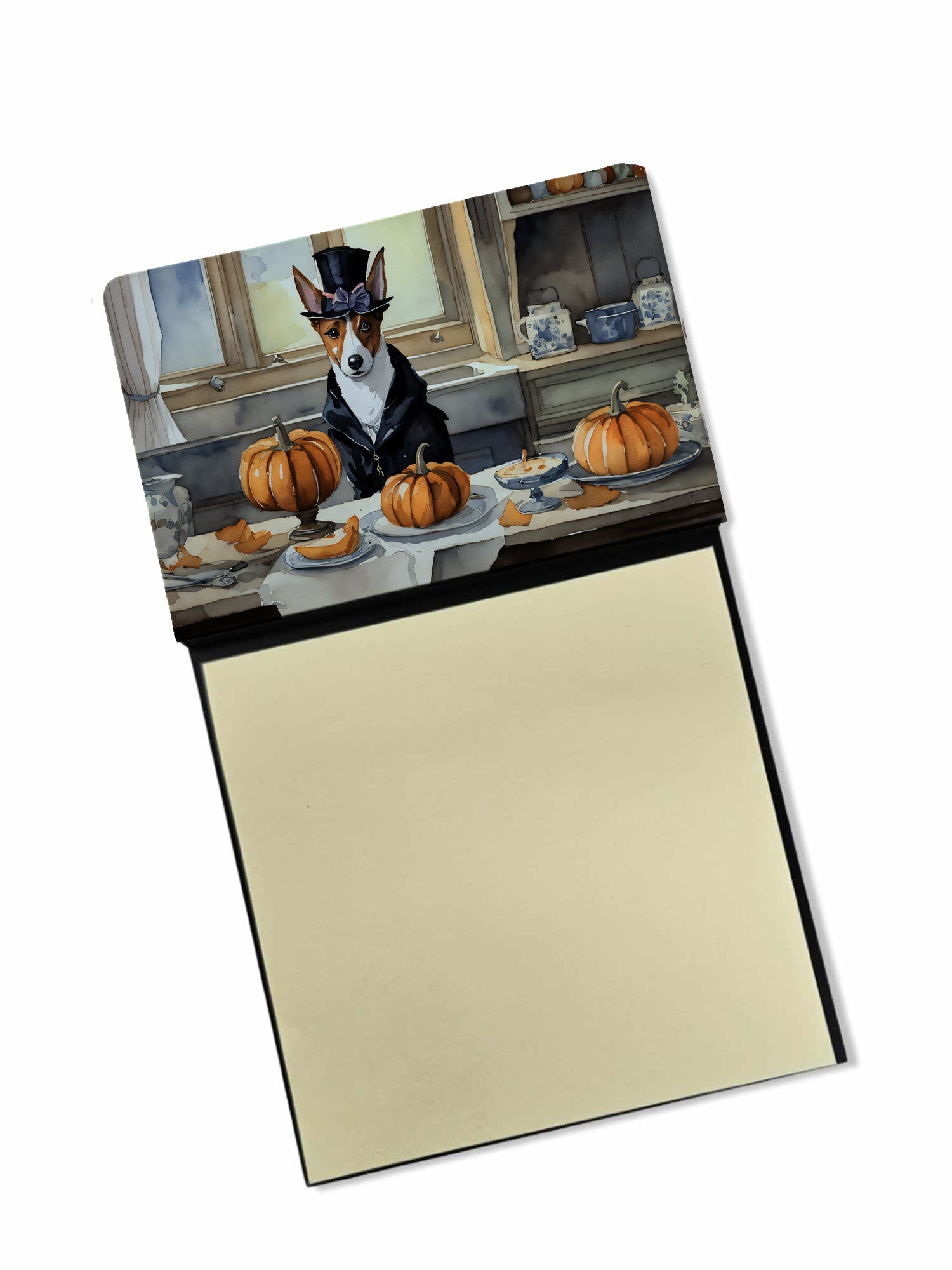 Basenji Fall Kitchen Pumpkins Watercolor Sticky Note Holder Refillable Dispenser Desk Accessory 3x3 Pad Gift