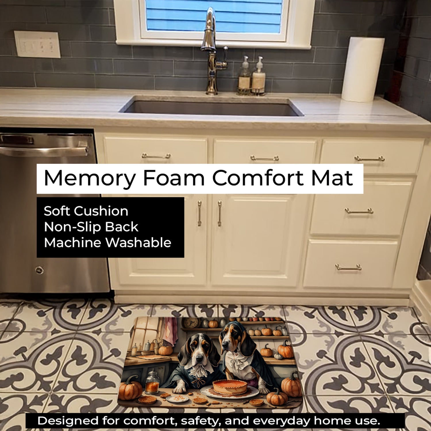 Basset Hound Fall Kitchen Pumpkins Memory Foam Kitchen Mat Machine Washable Anti-Fatigue Cushion Comfort Bath or Kitchen Rug