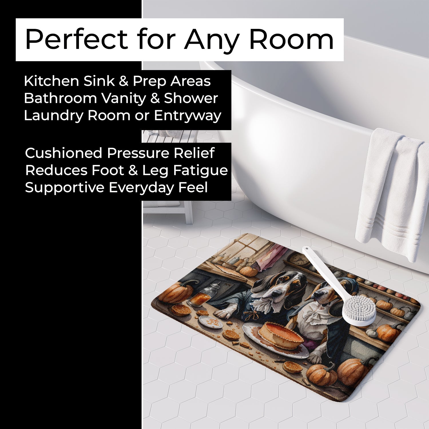 Basset Hound Fall Kitchen Pumpkins Memory Foam Kitchen Mat Machine Washable Anti-Fatigue Cushion Comfort Bath or Kitchen Rug