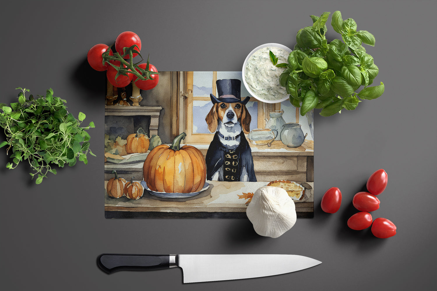 Beagle Fall Kitchen Pumpkins Cutting Board Tempered Glass Kitchen Cutting Surface, Heat Resistant Chopping, Non-Slip Feet, Food Prep & Serving