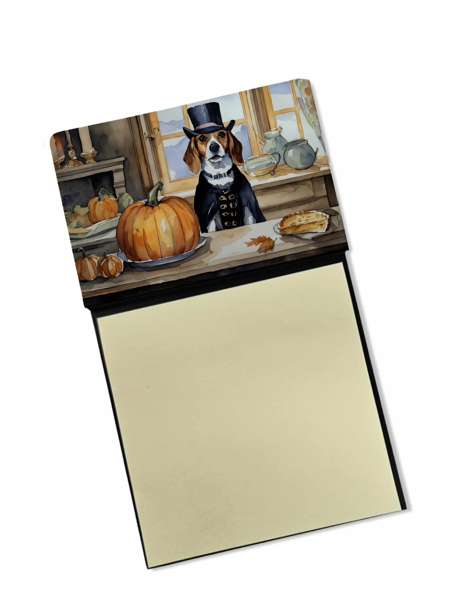 Beagle Fall Kitchen Pumpkins Watercolor Sticky Note Holder Refillable Dispenser Desk Accessory 3x3 Pad Gift
