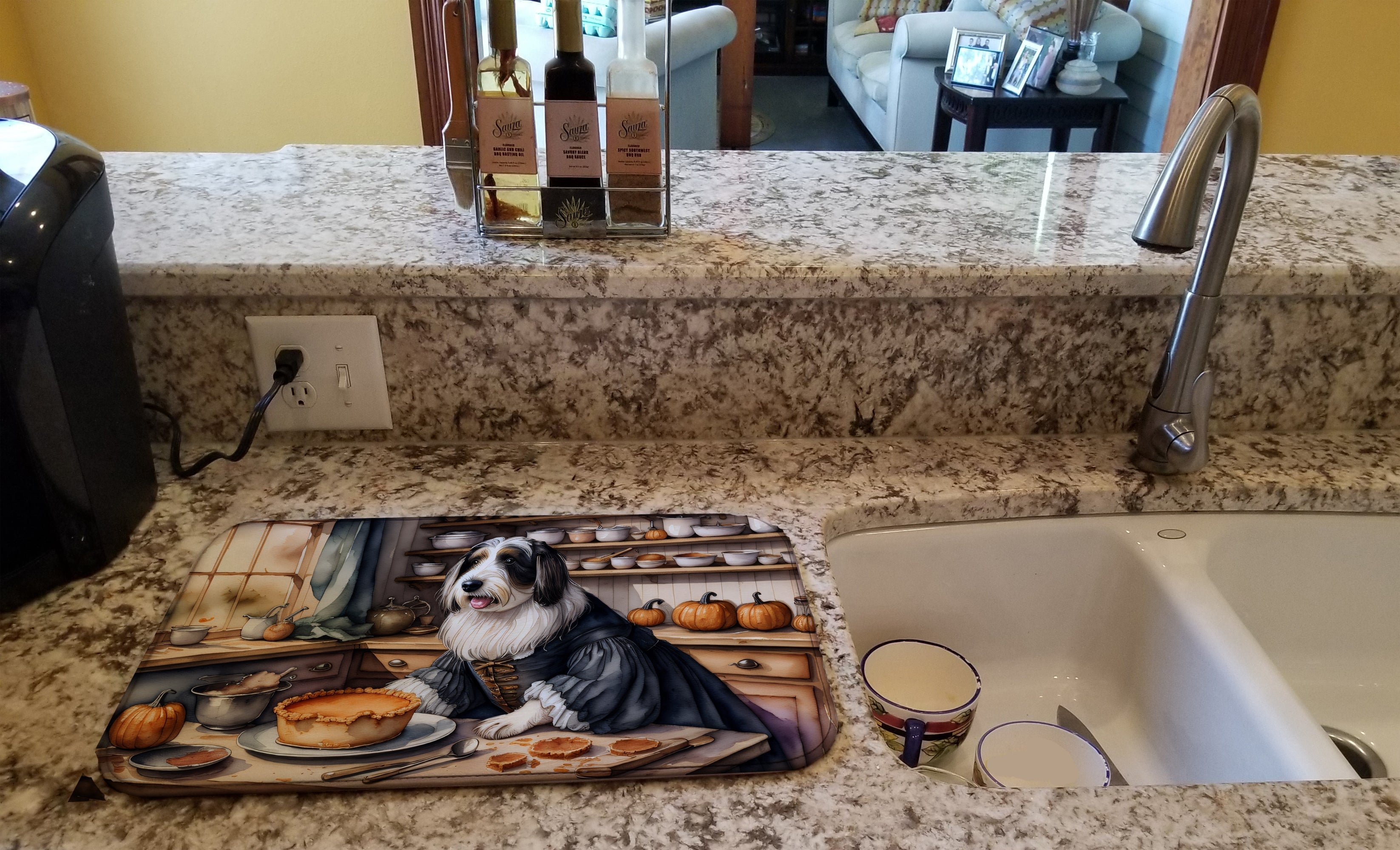Bearded Collie Fall Kitchen Pumpkins Dish Drying Mat Absorbent Dish Drying Mat Pad for Kitchen Counter Dish Drainer Mat for Countertop, 14 x 21", Multicolor