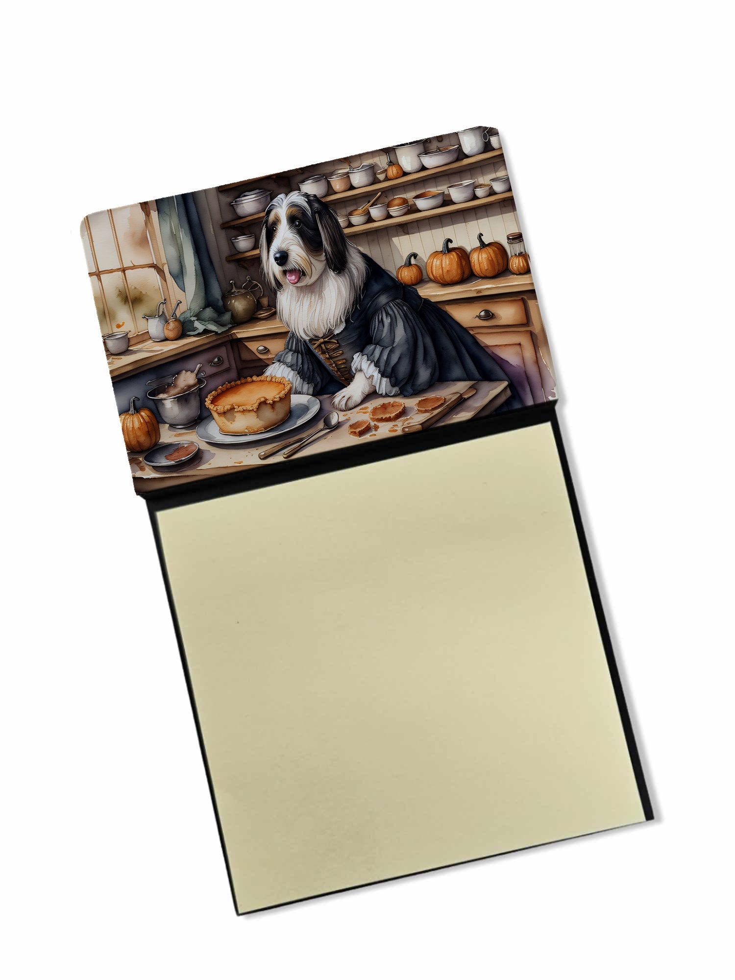 Bearded Collie Fall Kitchen Pumpkins Watercolor Sticky Note Holder Refillable Dispenser Desk Accessory 3x3 Pad Gift
