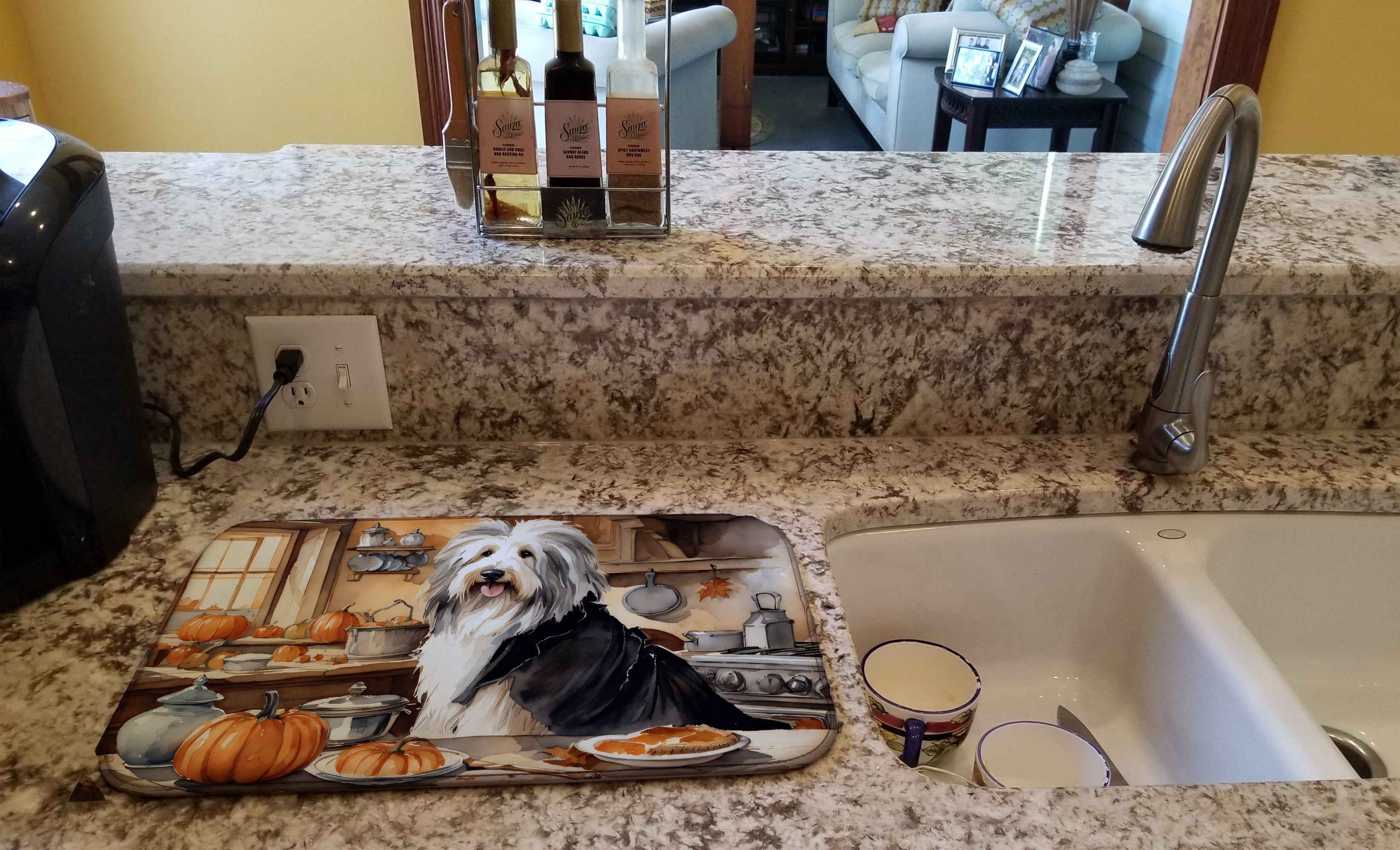 Bearded Collie Fall Kitchen Pumpkins Dish Drying Mat Absorbent Dish Drying Mat Pad for Kitchen Counter Dish Drainer Mat for Countertop, 14 x 21", Multicolor