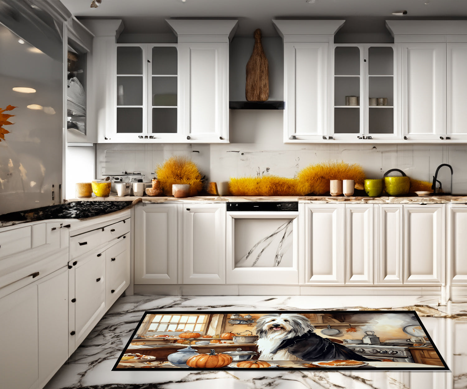 Bearded Collie Fall Kitchen Pumpkins Runner Mat 28x58 Front Door Mat Indoor Outdoor Rugs for Entryway Hallway Foyer Non Slip Washable Wide Doormat