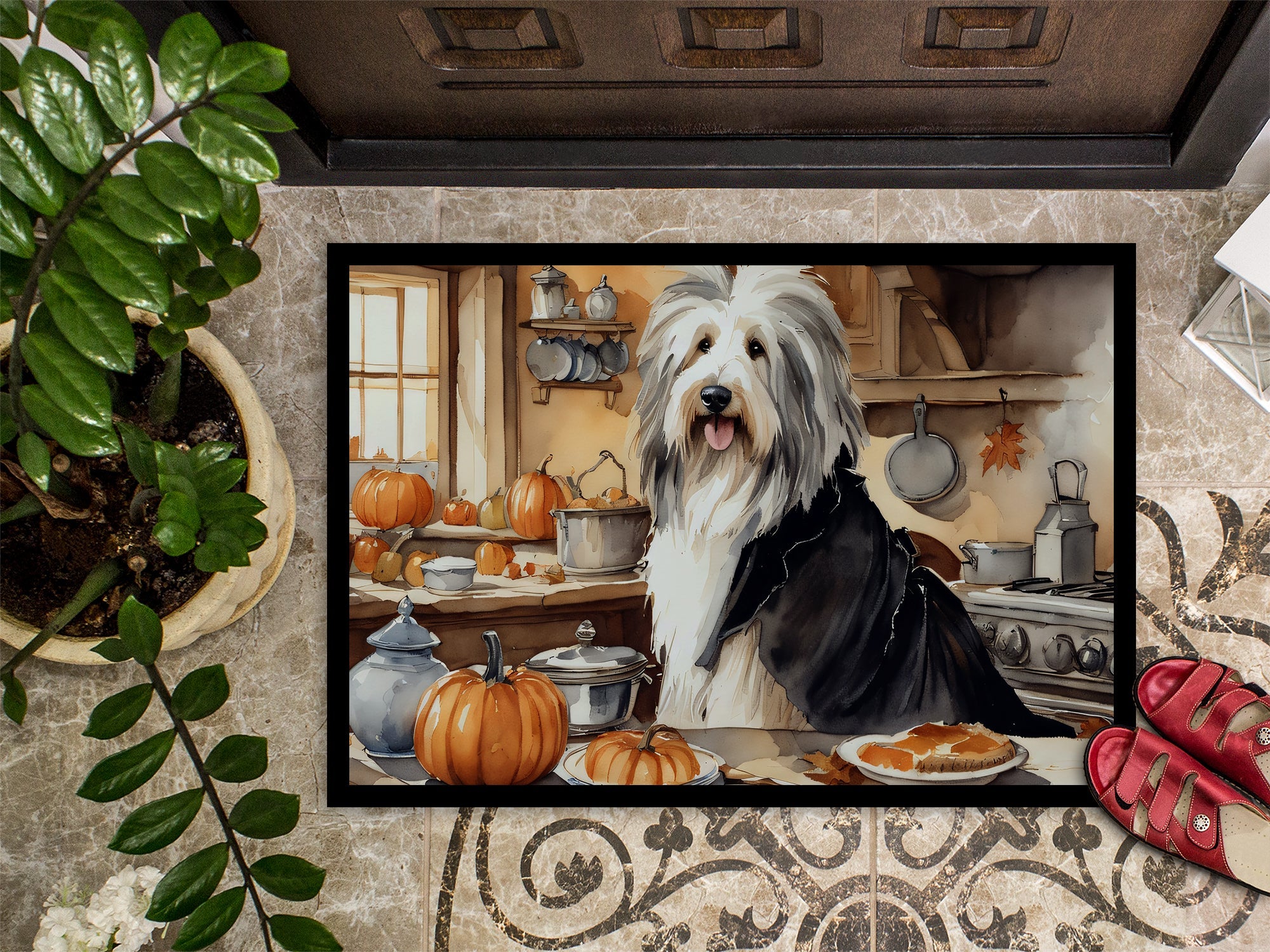 Bearded Collie Fall Kitchen Pumpkins Doormat Indoor Outdoor 24H X 36W Front Door Mat Rugs for Entryway, Non Slip Washable Low Pile,
