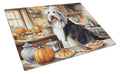 Bearded Collie Fall Kitchen Pumpkins Cutting Board Tempered Glass Kitchen Cutting Surface, Heat Resistant Chopping, Non-Slip Feet, Food Prep & Serving