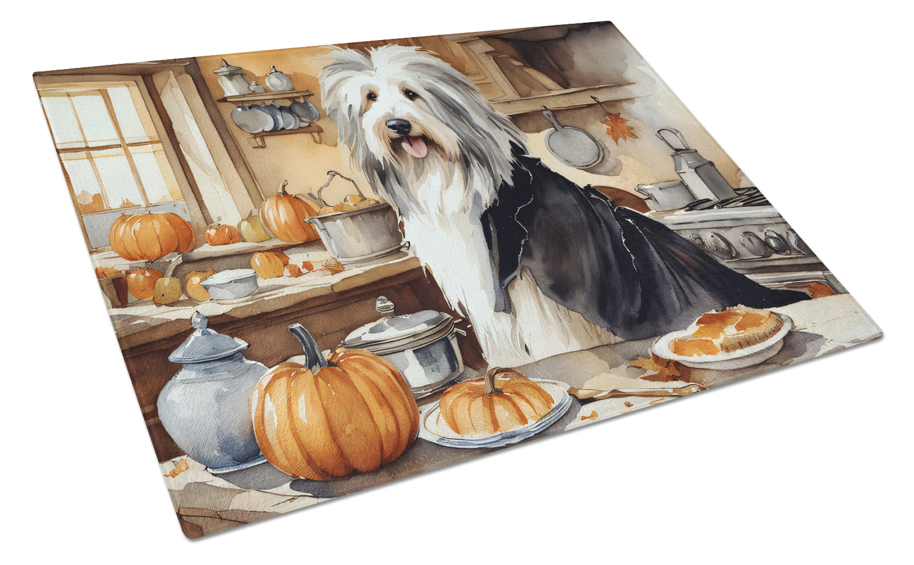 Bearded Collie Fall Kitchen Pumpkins Cutting Board Tempered Glass Kitchen Cutting Surface, Heat Resistant Chopping, Non-Slip Feet, Food Prep & Serving