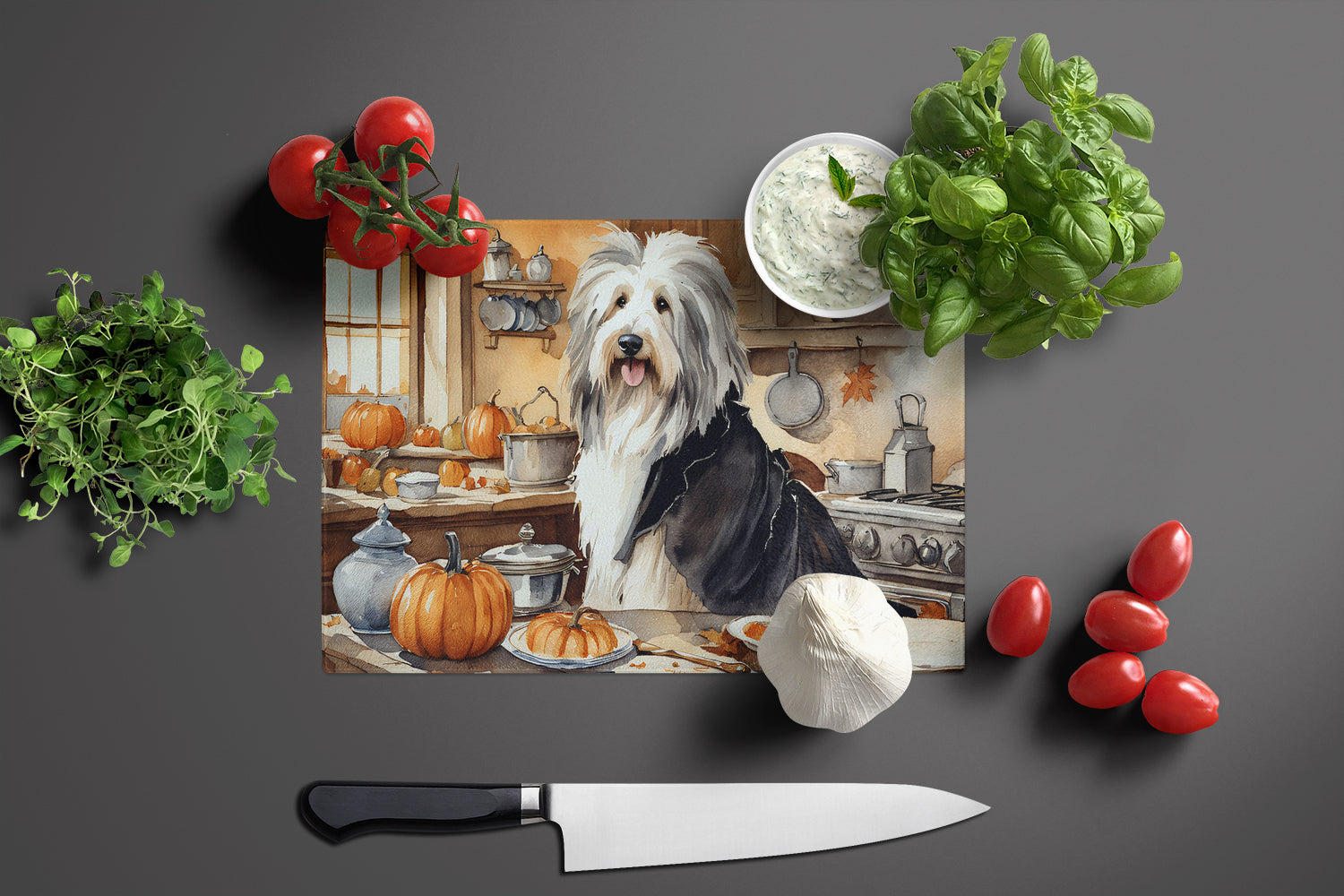 Bearded Collie Fall Kitchen Pumpkins Cutting Board Tempered Glass Kitchen Cutting Surface, Heat Resistant Chopping, Non-Slip Feet, Food Prep & Serving