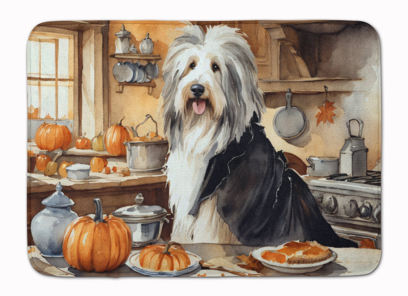 Bearded Collie Fall Kitchen Pumpkins Memory Foam Kitchen Mat Machine Washable Anti-Fatigue Cushion Comfort Bath or Kitchen Rug