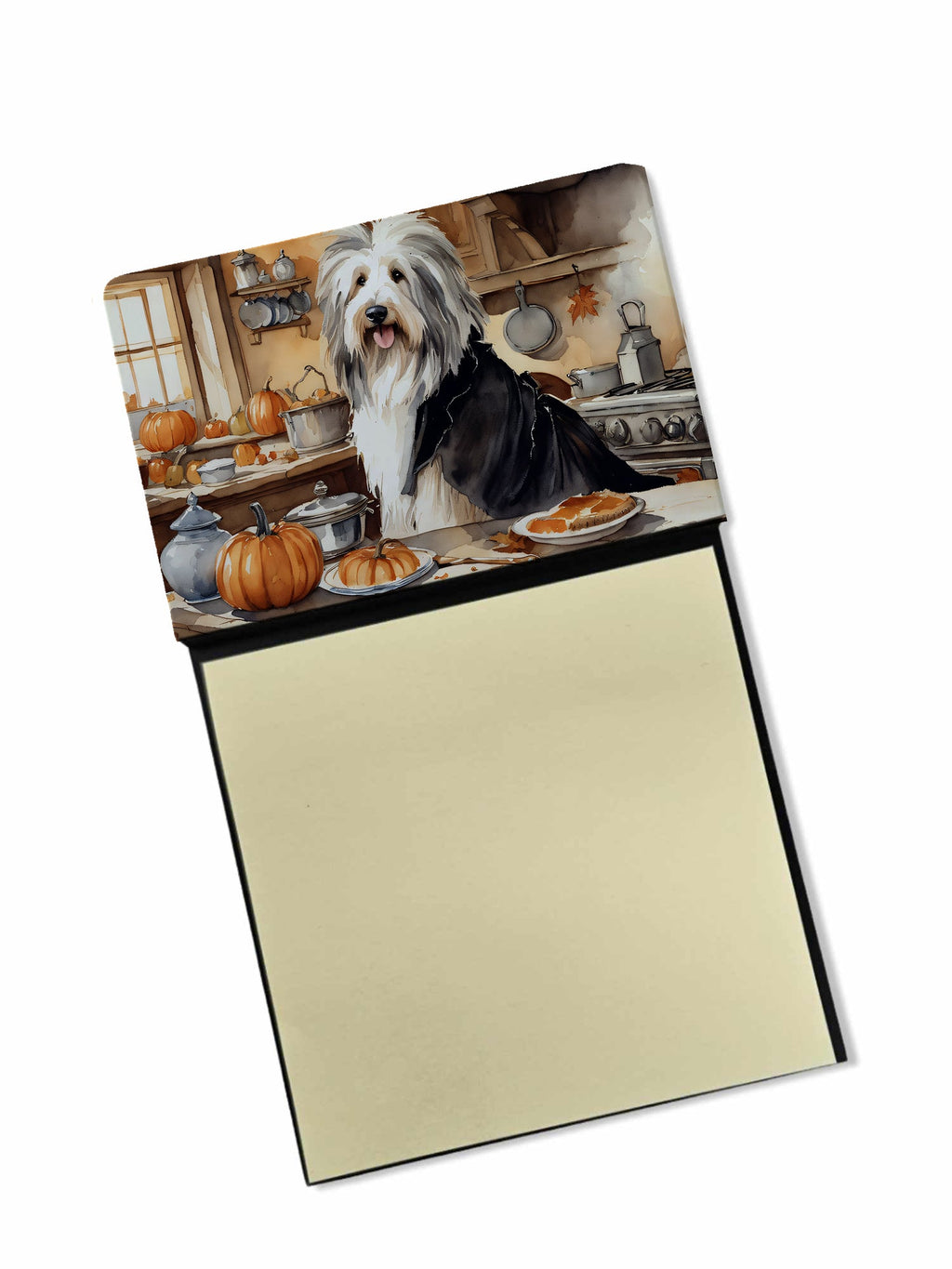Bearded Collie Fall Kitchen Pumpkins Watercolor Sticky Note Holder Refillable Dispenser Desk Accessory 3x3 Pad Gift