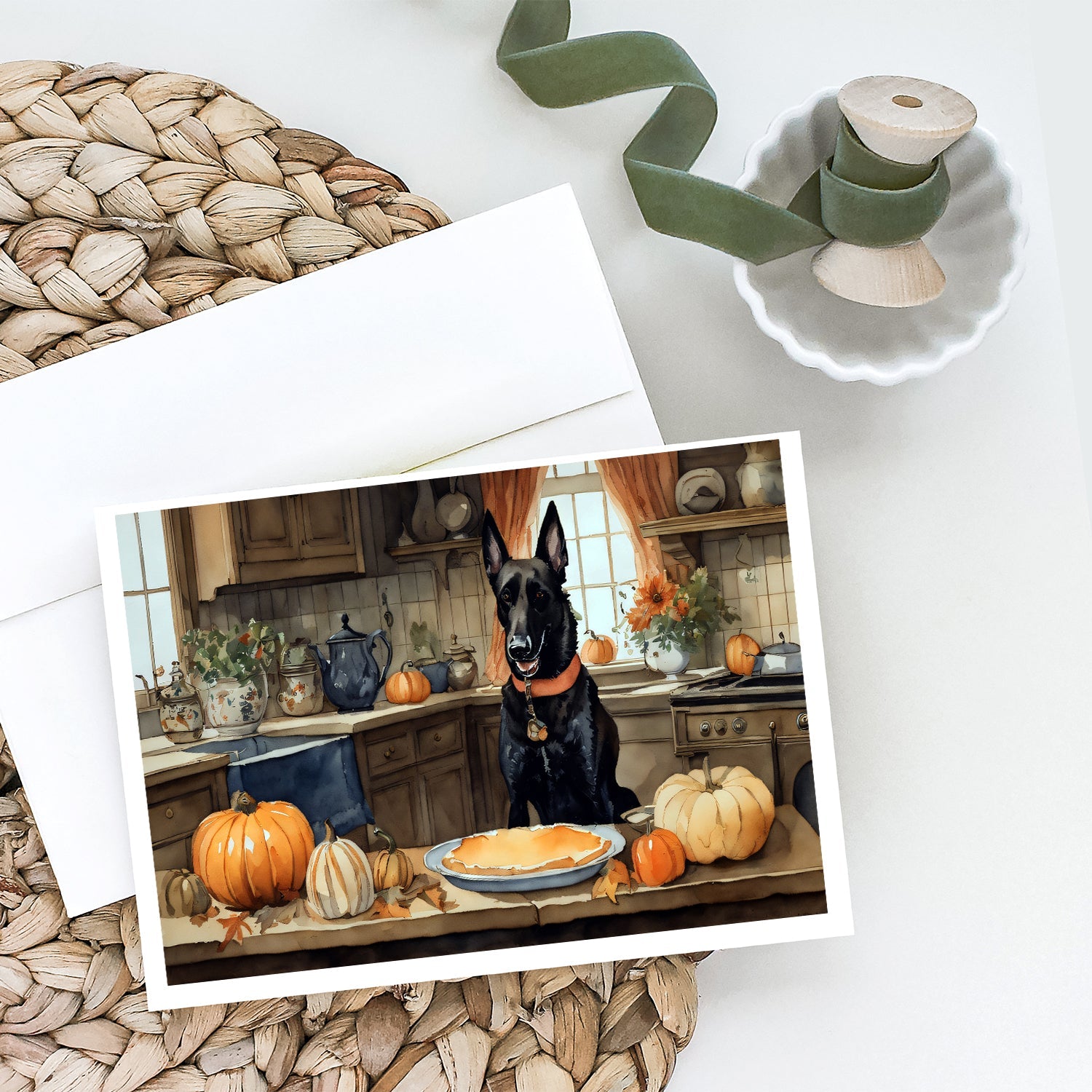 Belgian Malinois Fall Kitchen Pumpkins Greeting Cards Pack of 8 Blank Cards with Envelopes Whimsical A7 Size 5x7