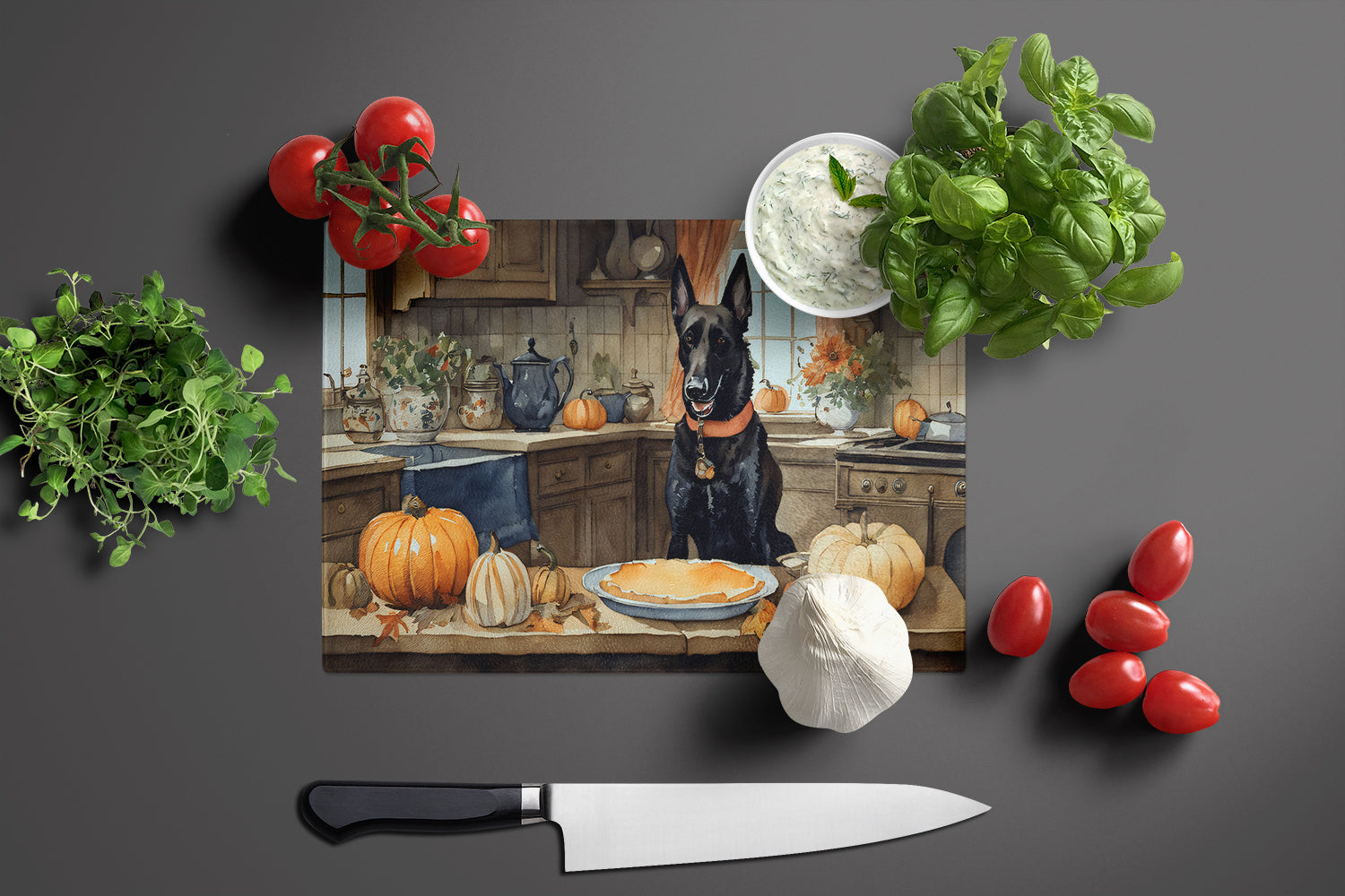 Belgian Malinois Fall Kitchen Pumpkins Cutting Board Tempered Glass Kitchen Cutting Surface, Heat Resistant Chopping, Non-Slip Feet, Food Prep & Serving