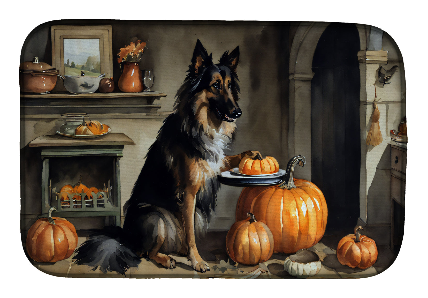 Belgian Tervuren Fall Kitchen Pumpkins Dish Drying Mat Absorbent Dish Drying Mat Pad for Kitchen Counter Dish Drainer Mat for Countertop, 14 x 21", Multicolor