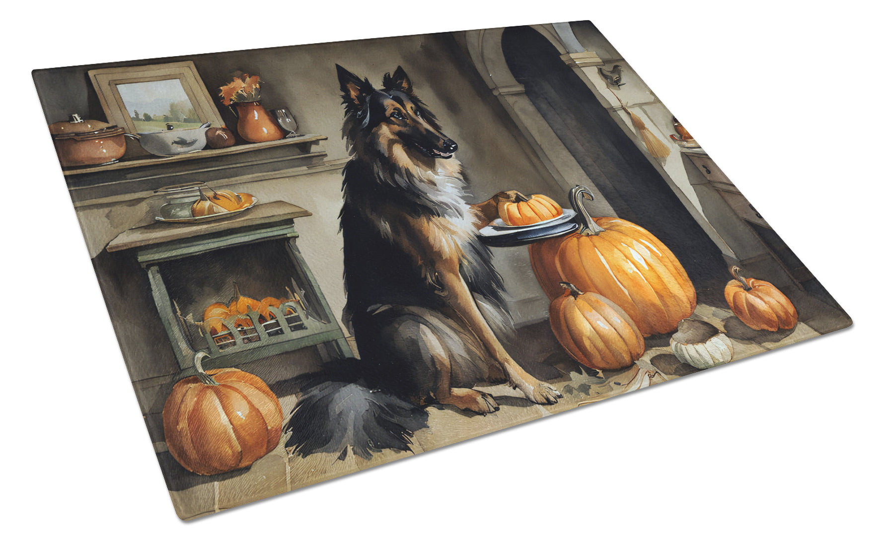 Belgian Tervuren Fall Kitchen Pumpkins Cutting Board Tempered Glass Kitchen Cutting Surface, Heat Resistant Chopping, Non-Slip Feet, Food Prep & Serving