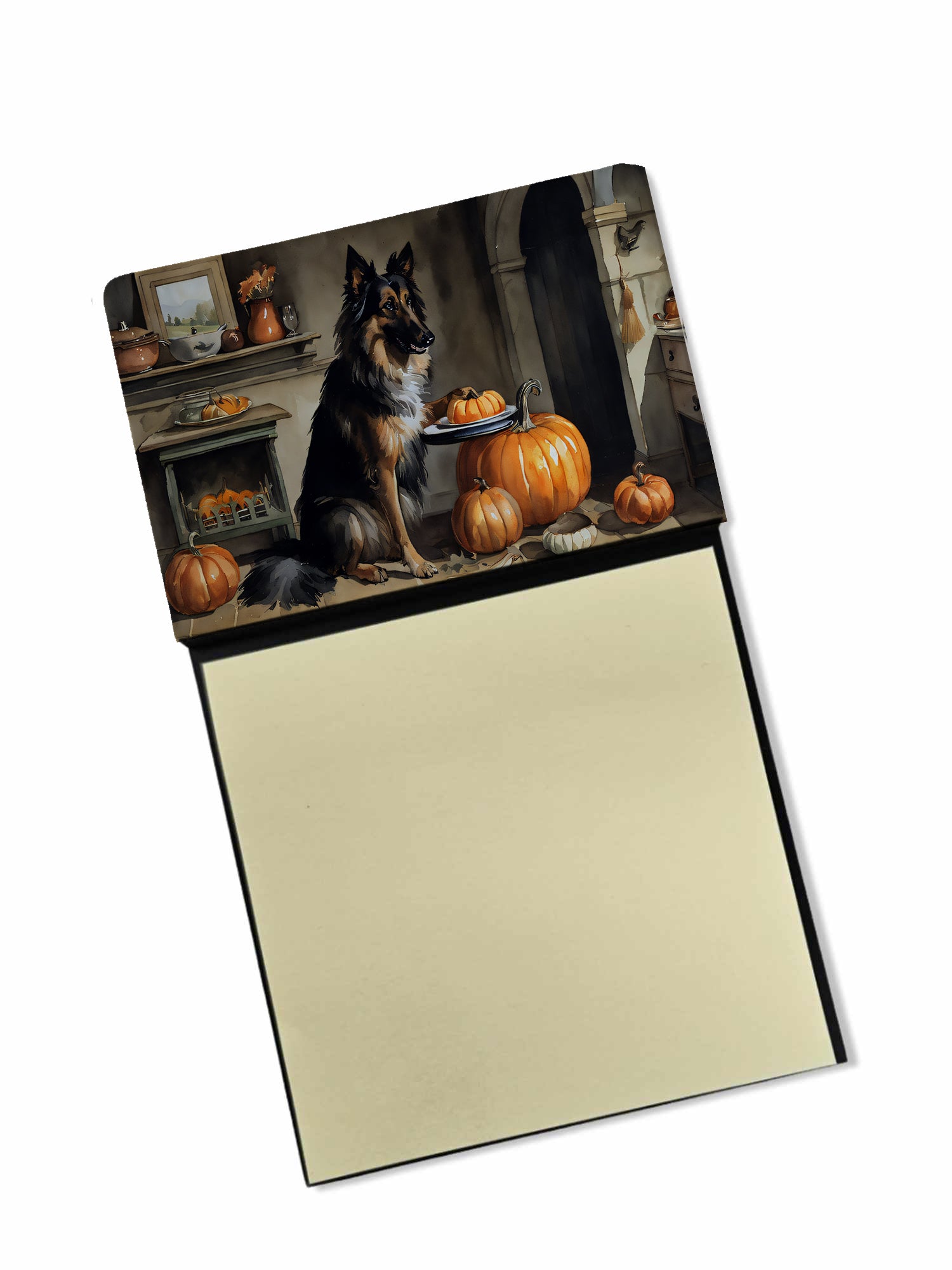 Belgian Tervuren Fall Kitchen Pumpkins Watercolor Sticky Note Holder Refillable Dispenser Desk Accessory 3x3 Pad Gift