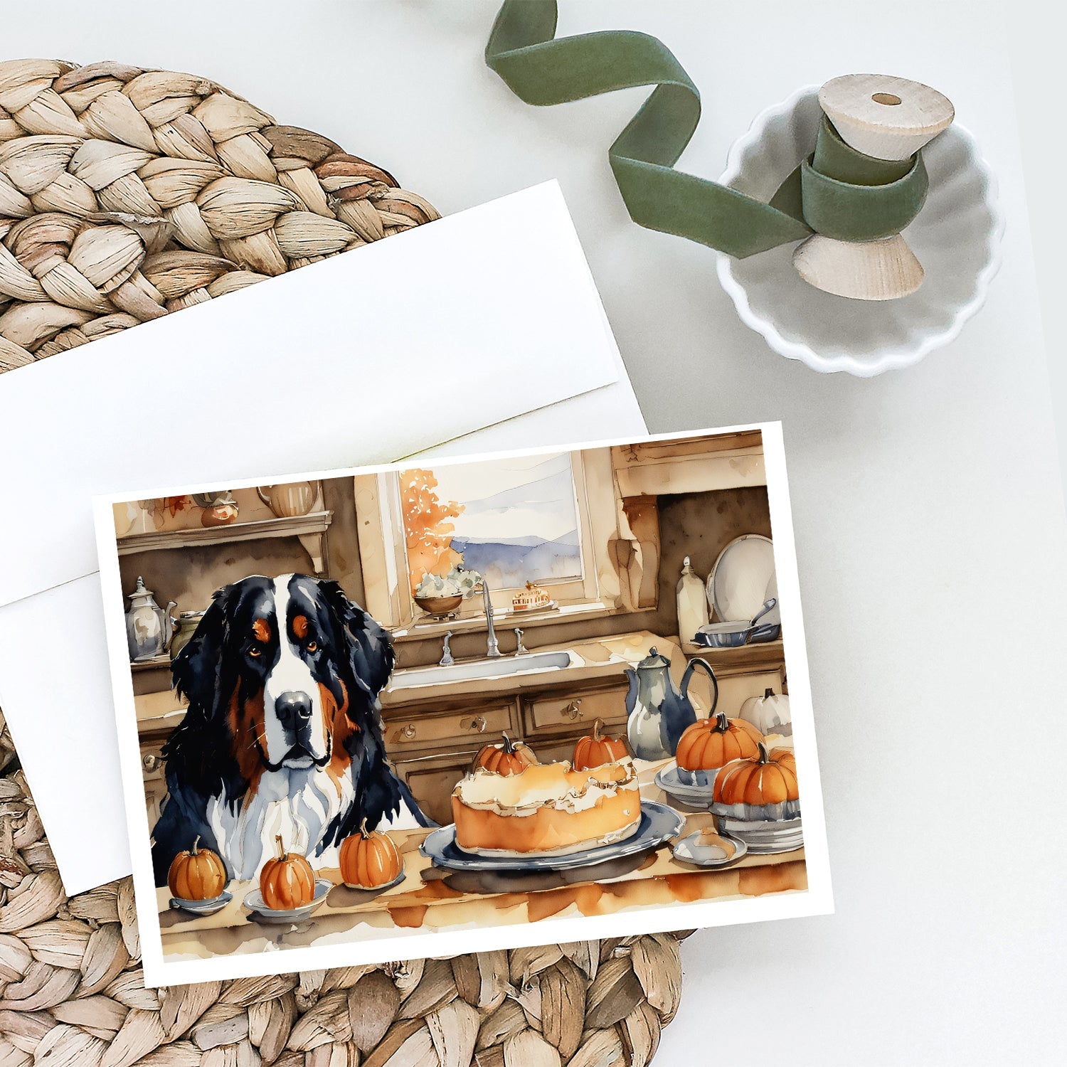 Bernese Mountain Dog Fall Kitchen Pumpkins Greeting Cards Pack of 8 Blank Cards with Envelopes Whimsical A7 Size 5x7