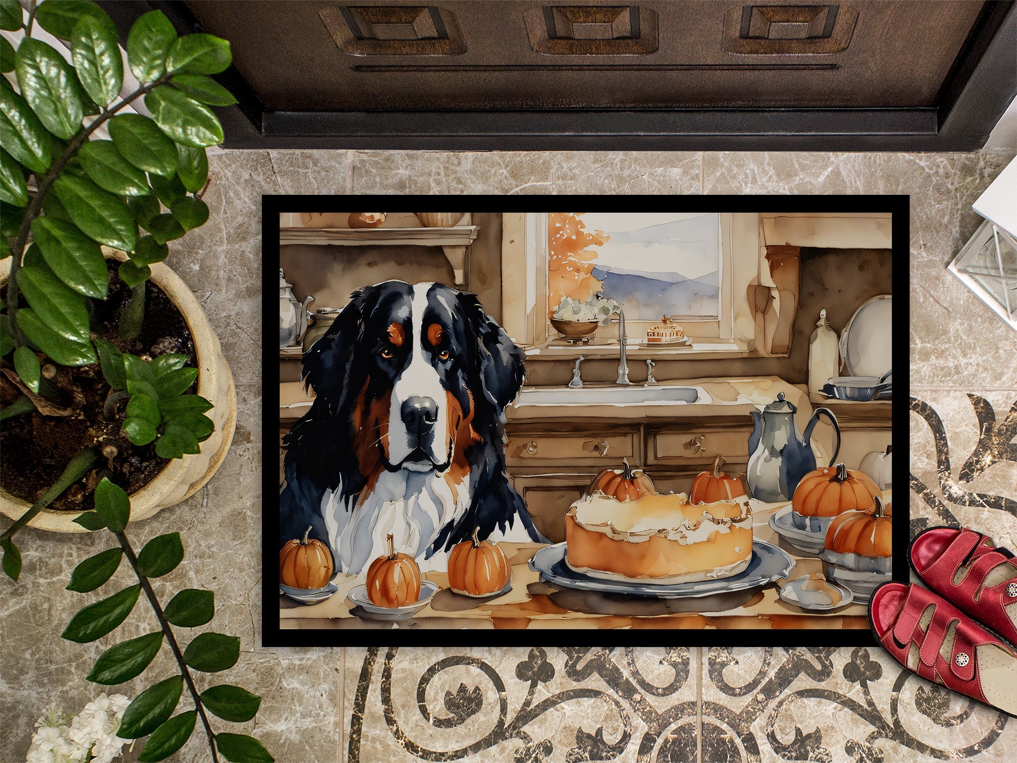 Bernese Mountain Dog Fall Kitchen Pumpkins Doormat Indoor Outdoor 24H X 36W Front Door Mat Rugs for Entryway, Non Slip Washable Low Pile,