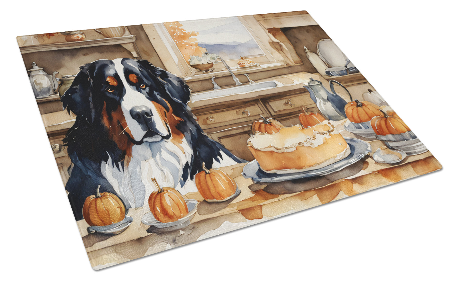 Bernese Mountain Dog Fall Kitchen Pumpkins Cutting Board Tempered Glass Kitchen Cutting Surface, Heat Resistant Chopping, Non-Slip Feet, Food Prep & Serving