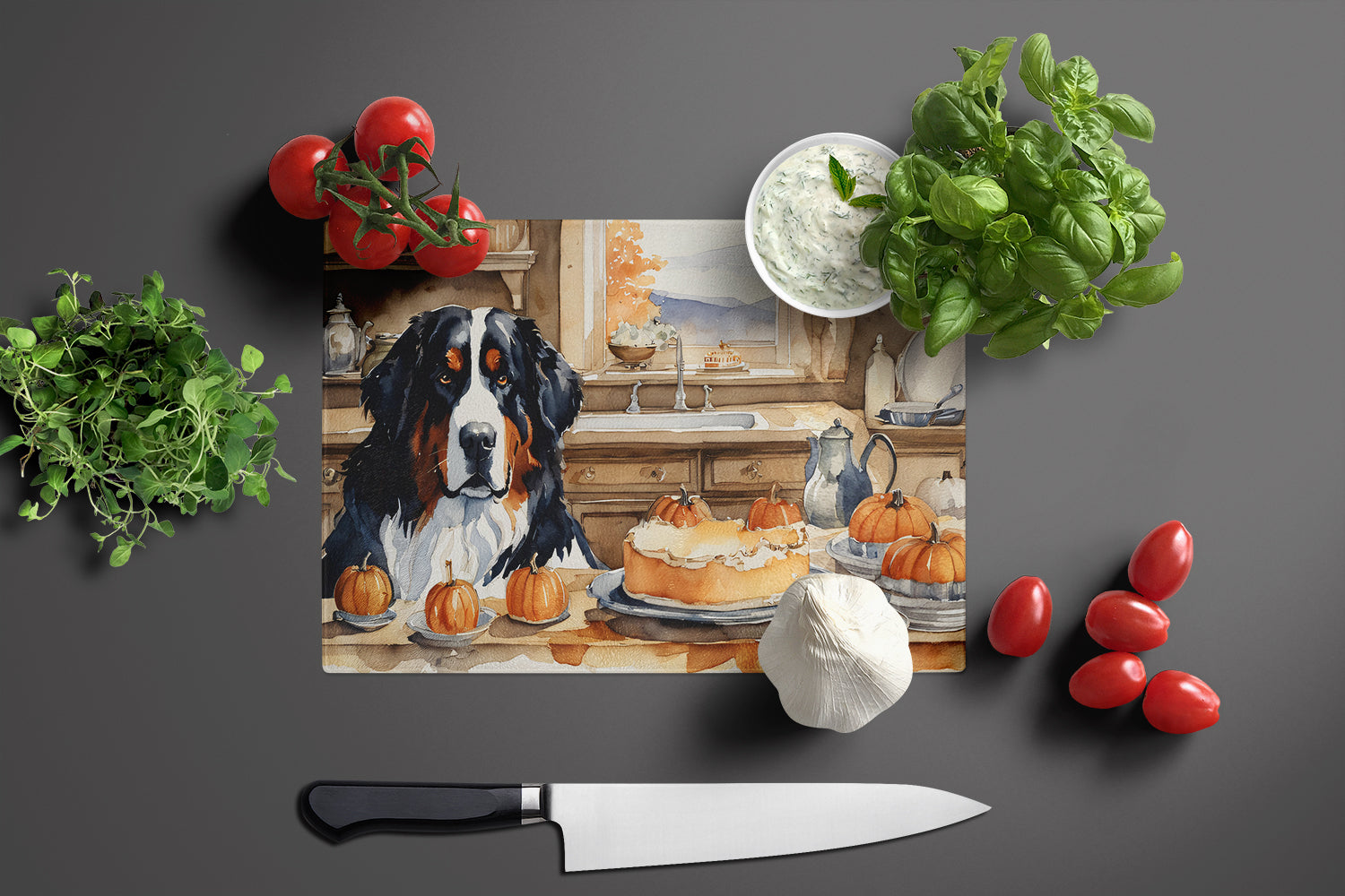 Bernese Mountain Dog Fall Kitchen Pumpkins Cutting Board Tempered Glass Kitchen Cutting Surface, Heat Resistant Chopping, Non-Slip Feet, Food Prep & Serving