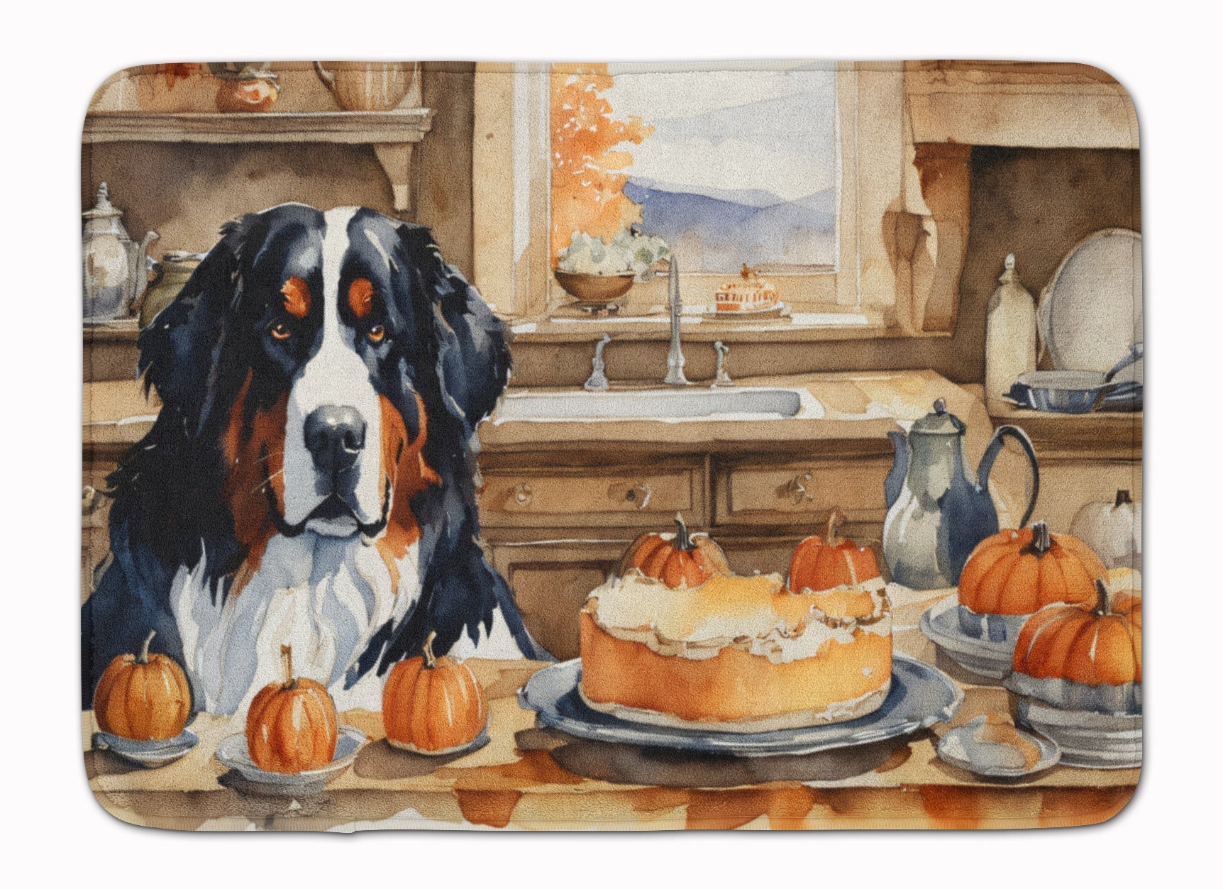 Bernese Mountain Dog Fall Kitchen Pumpkins Memory Foam Kitchen Mat Machine Washable Anti-Fatigue Cushion Comfort Bath or Kitchen Rug