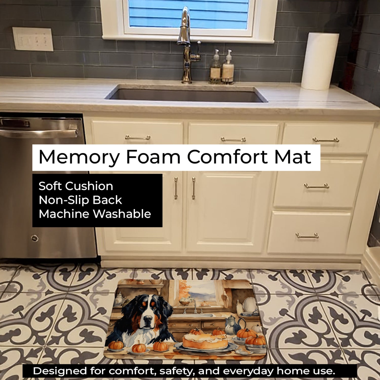 Bernese Mountain Dog Fall Kitchen Pumpkins Memory Foam Kitchen Mat Machine Washable Anti-Fatigue Cushion Comfort Bath or Kitchen Rug